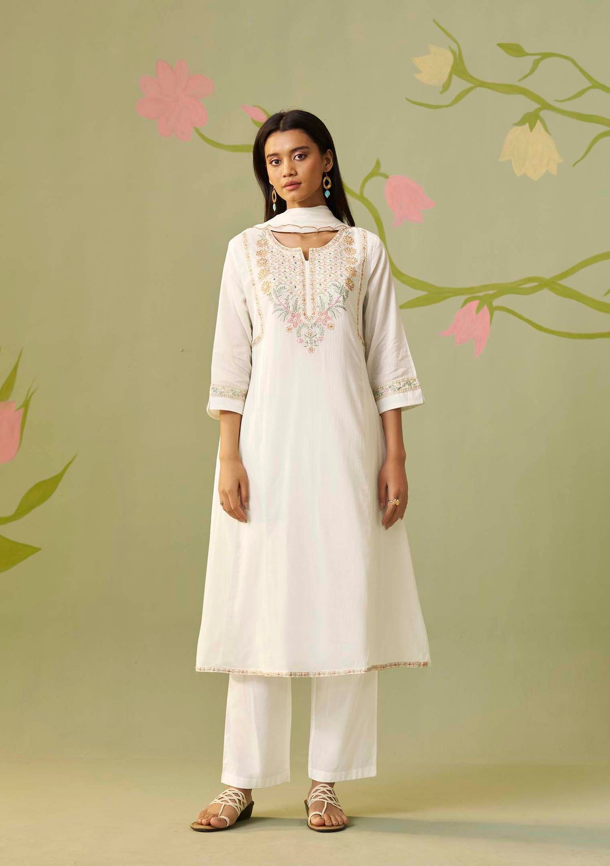 Aarohi Cream Cotton-Crush Embroidered Kurta Set