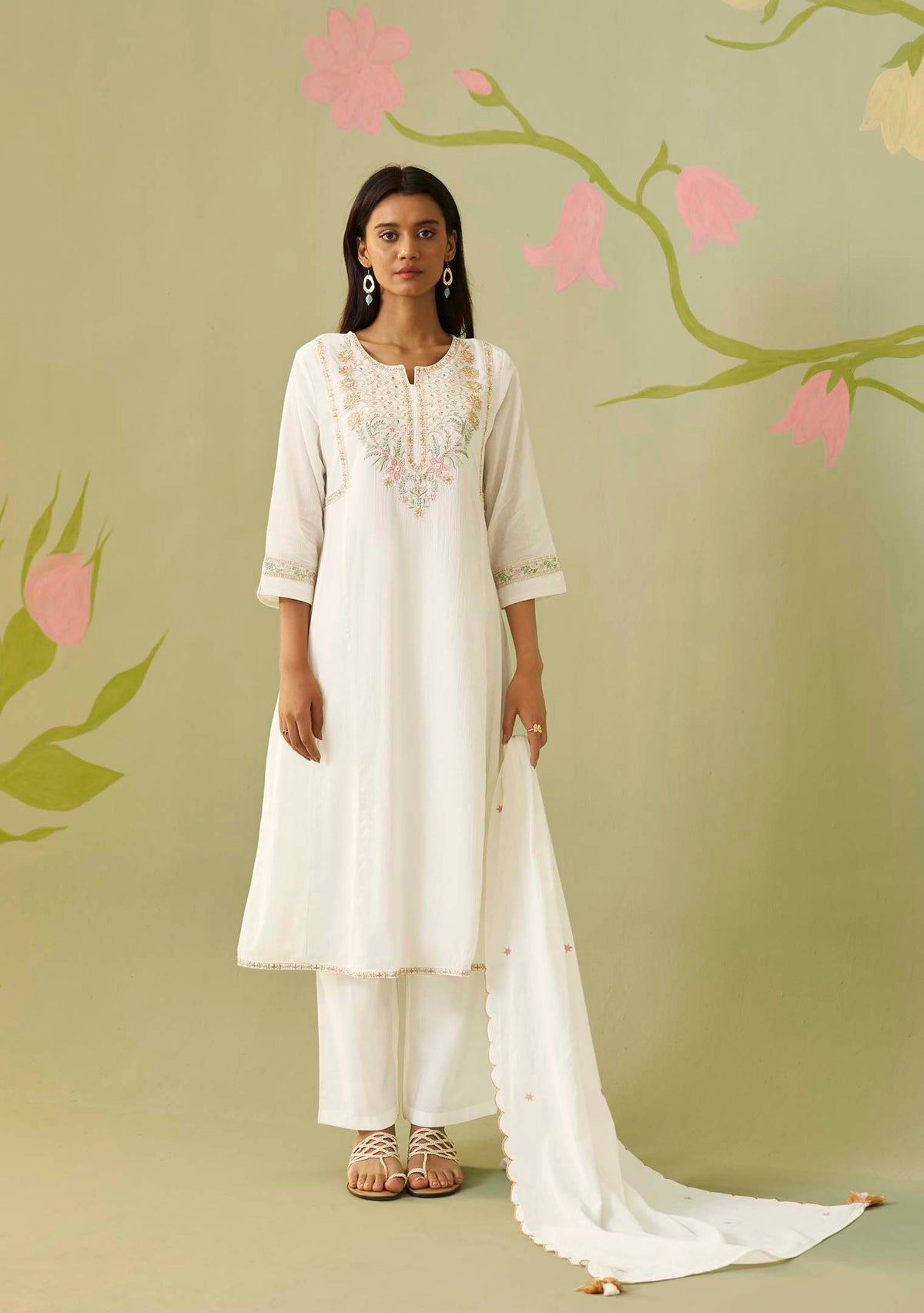 Aarohi Cream Cotton-Crush Embroidered Kurta Set