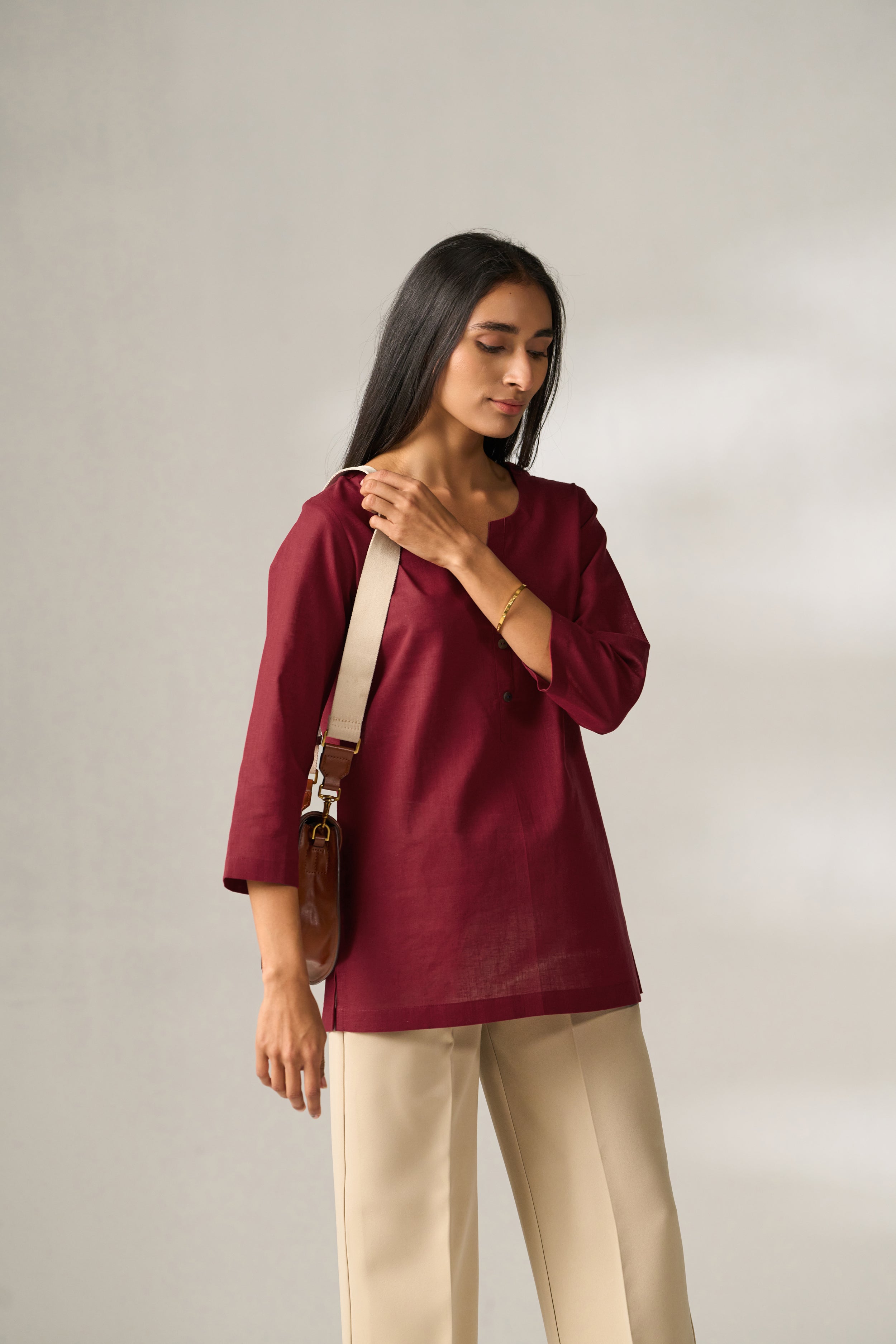 Maroon Cotton Linen Plain Tunic with Buttoning Details