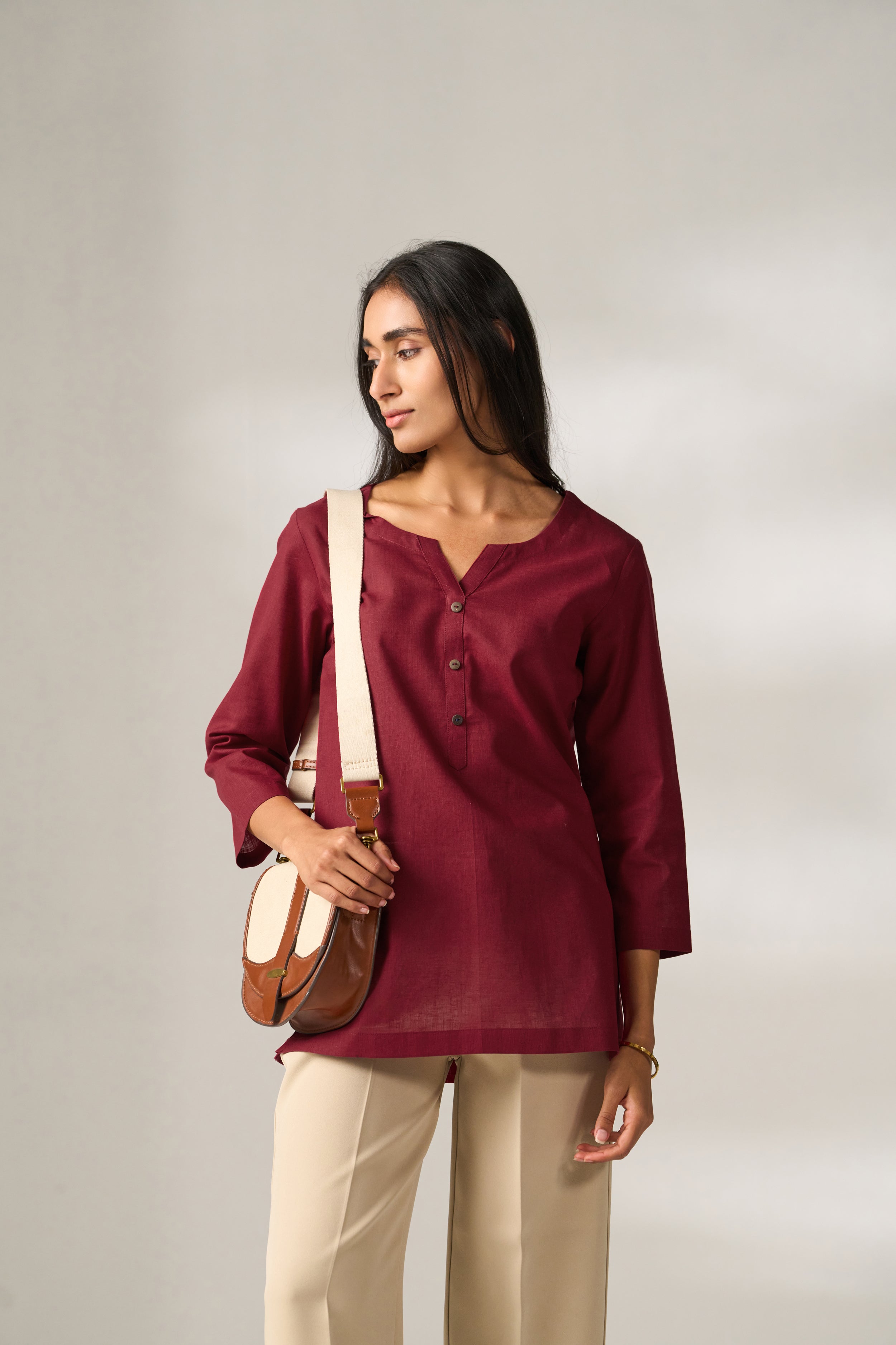 Maroon Cotton Linen Plain Tunic with Buttoning Details