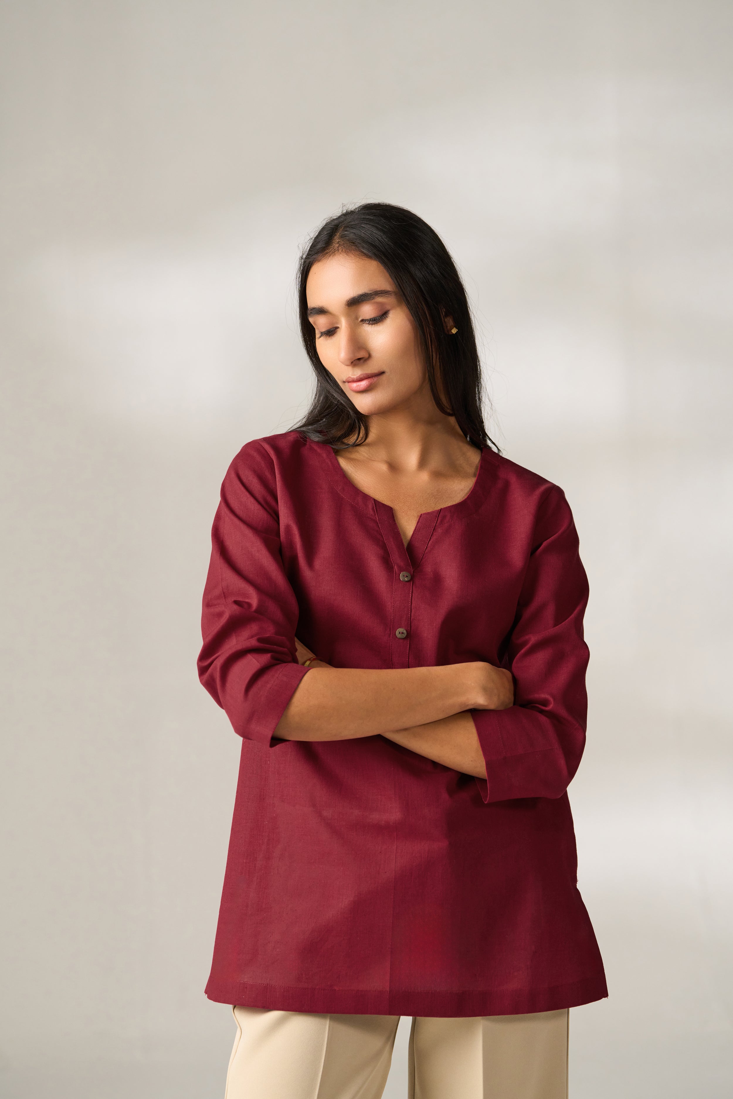 Maroon Cotton Linen Plain Tunic with Buttoning Details