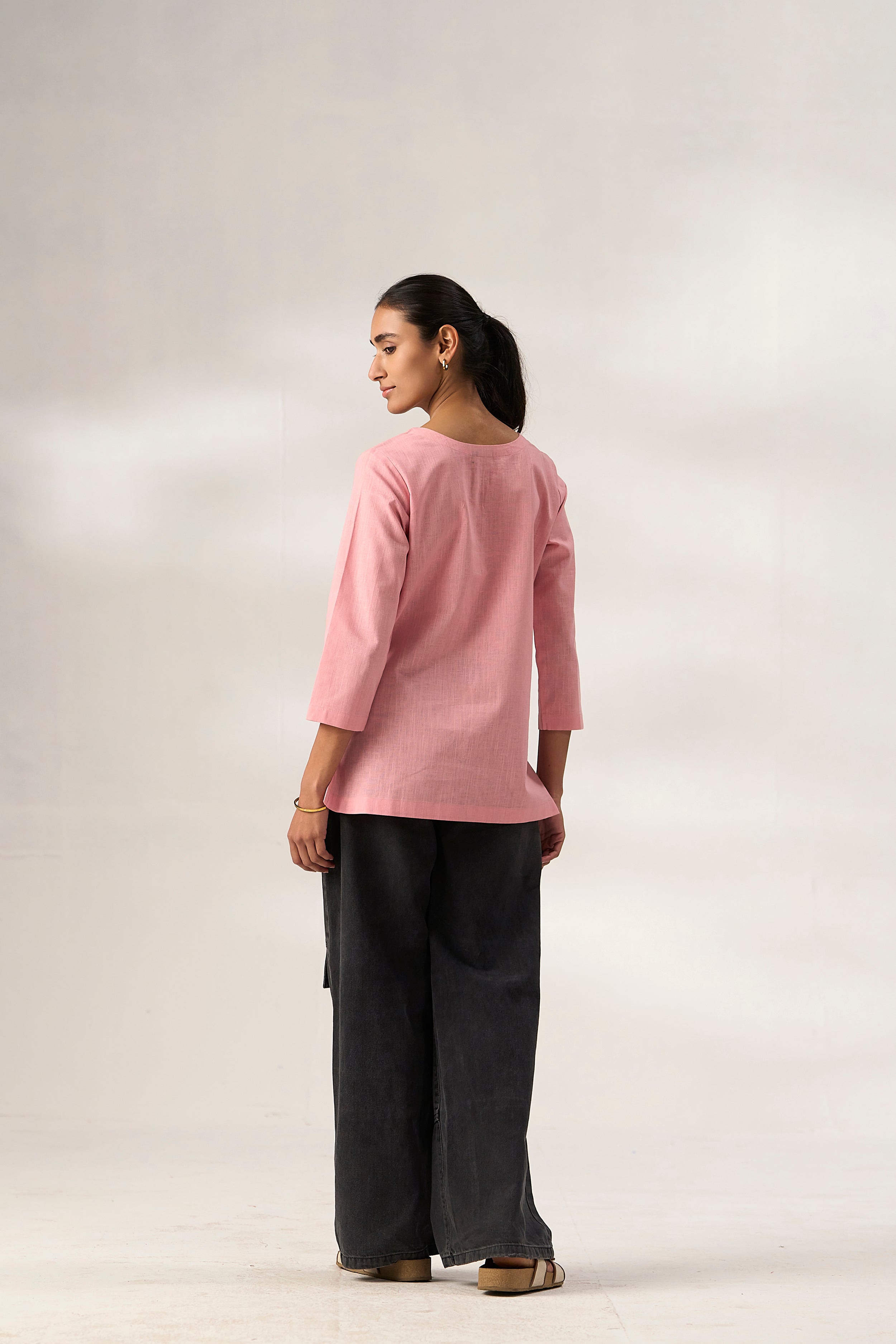 Pink Cotton Linen Plain Tunic with Buttoning Details