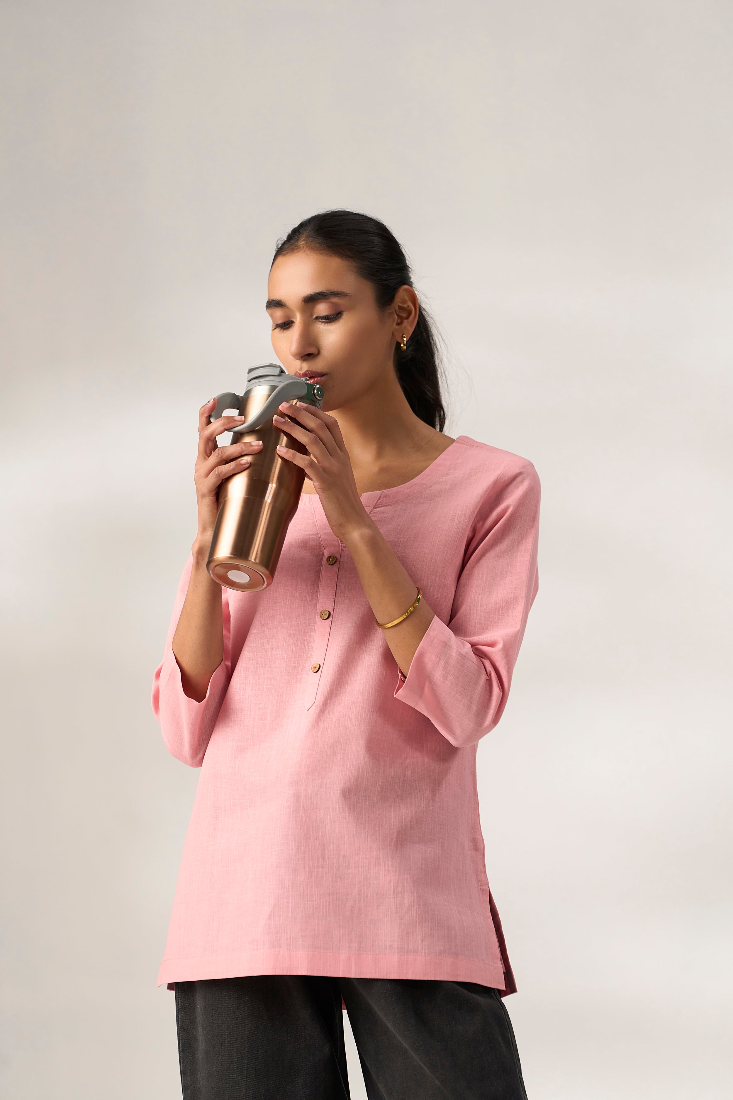 Pink Cotton Linen Plain Tunic with Buttoning Details