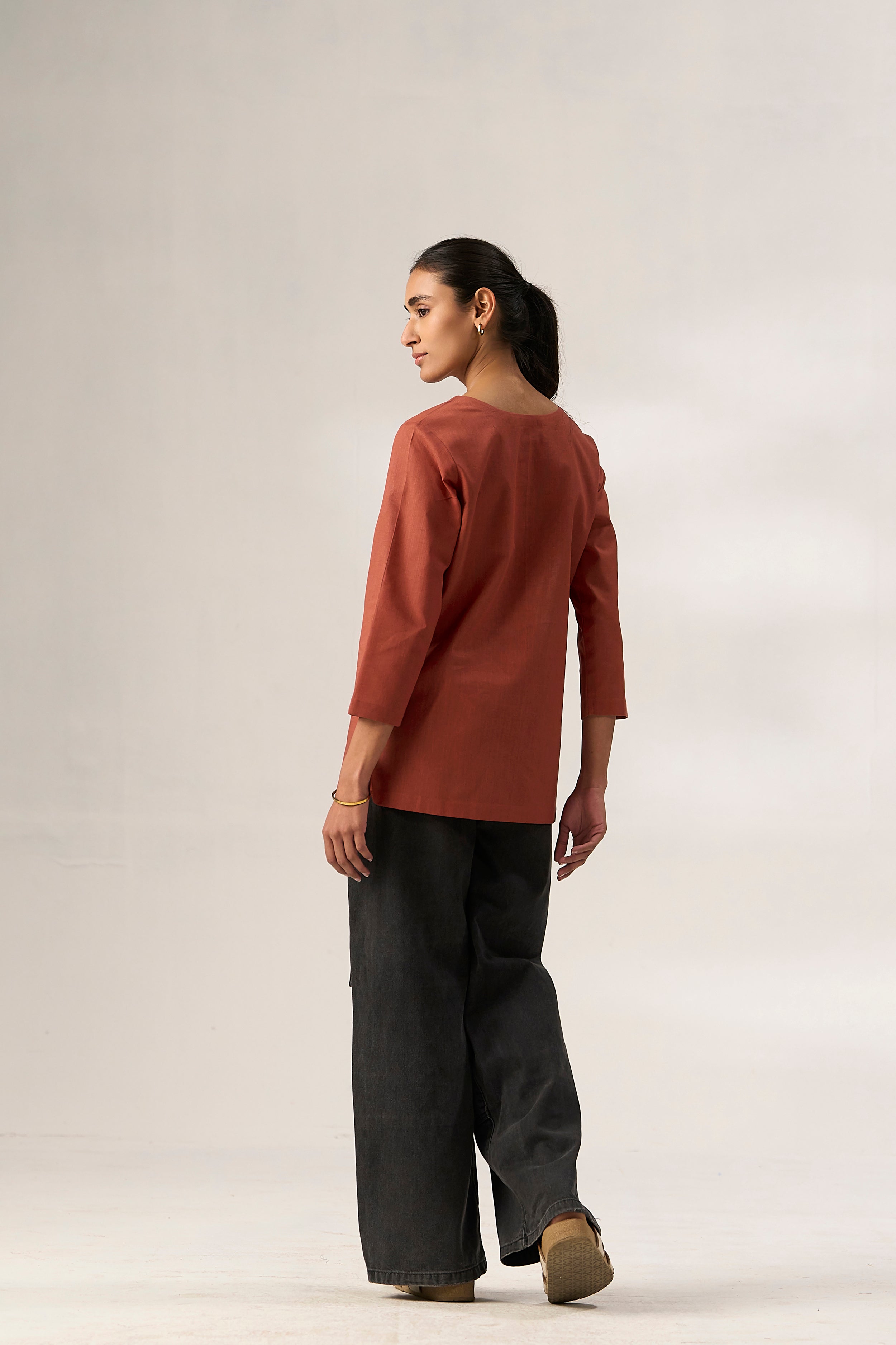 Rust Cotton Linen Plain Tunic with Buttoning Details