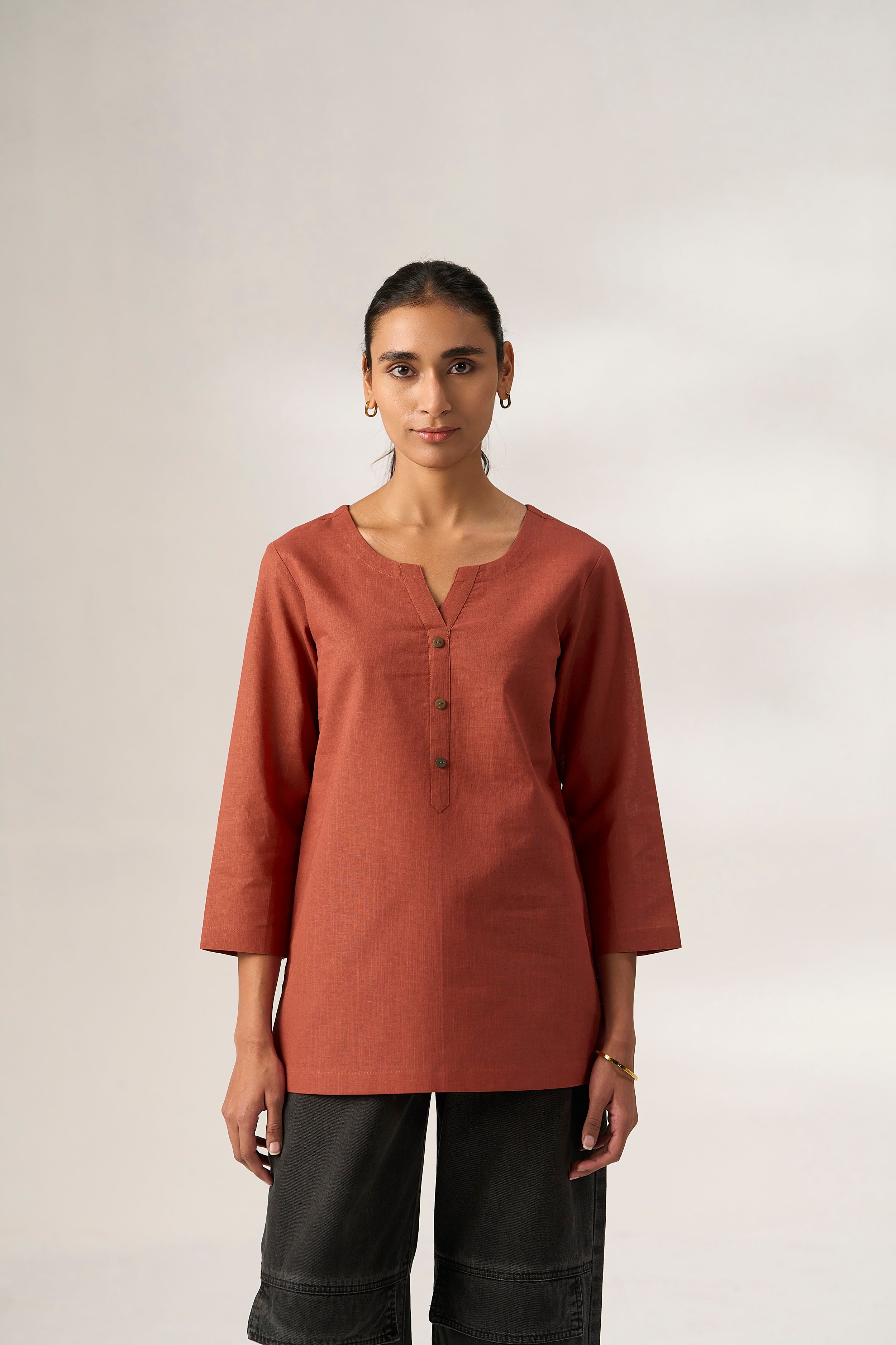 Rust Cotton Linen Plain Tunic with Buttoning Details