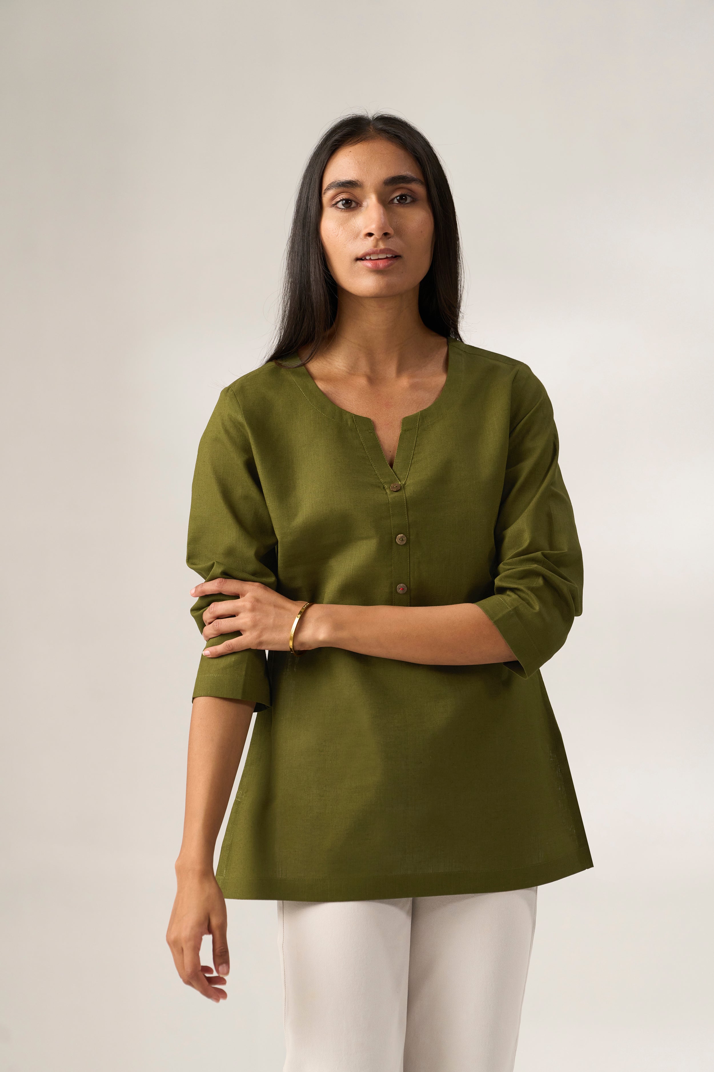 Olive Cotton Linen Plain Tunic with Buttoning Details
