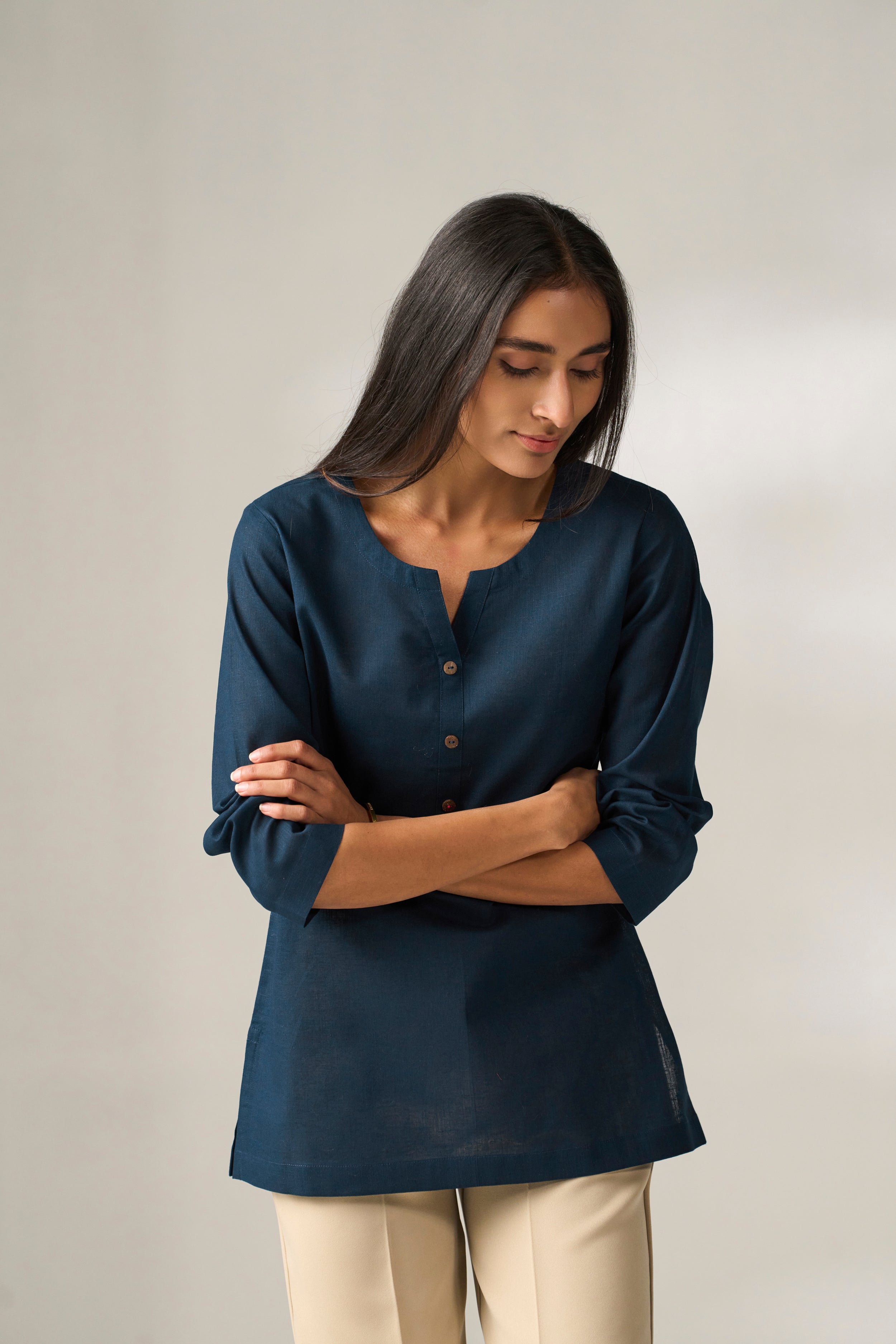 Navy Blue Cotton Linen Plain Tunic with Buttoning Details