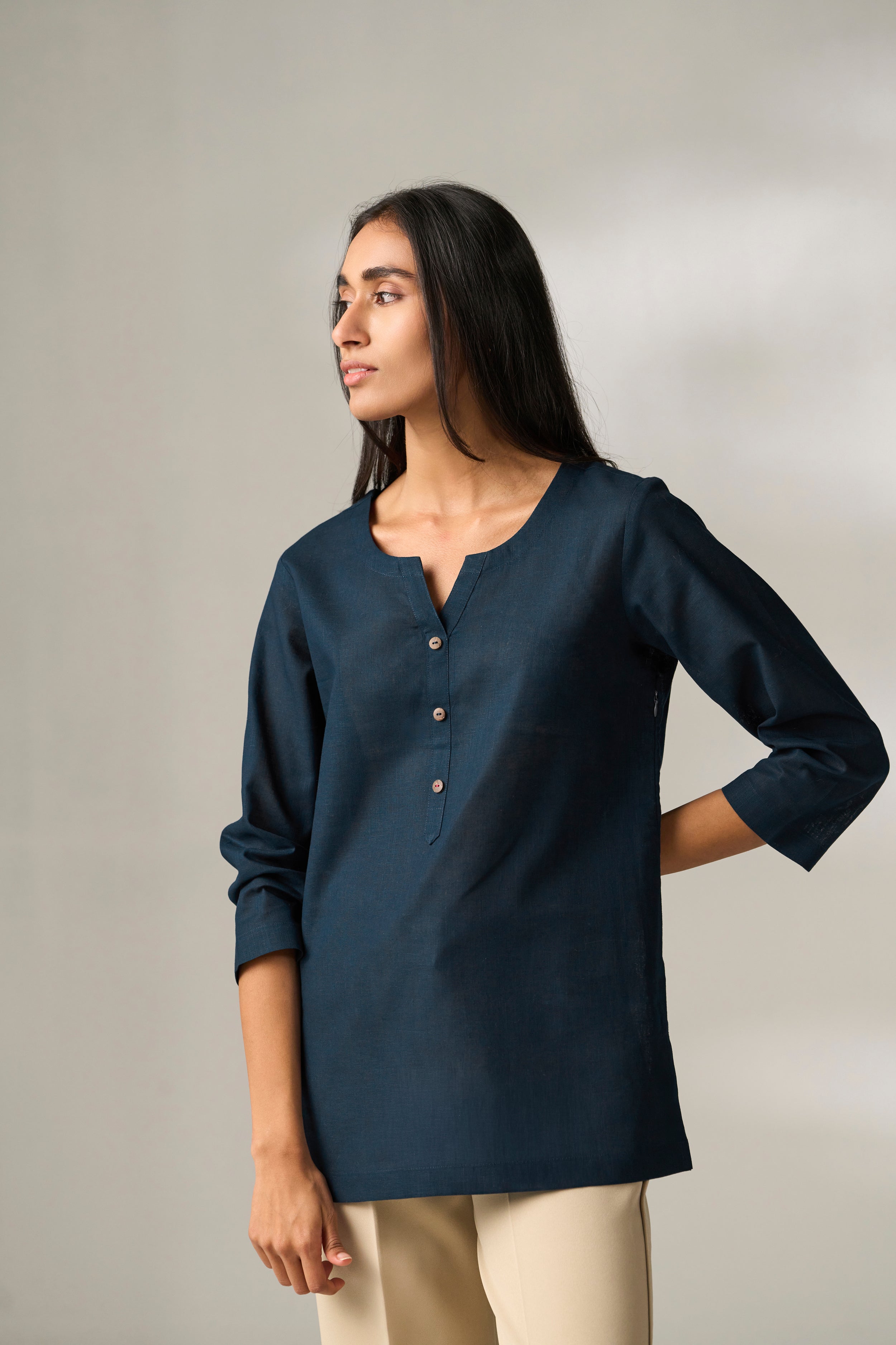 Navy Blue Cotton Linen Plain Tunic with Buttoning Details
