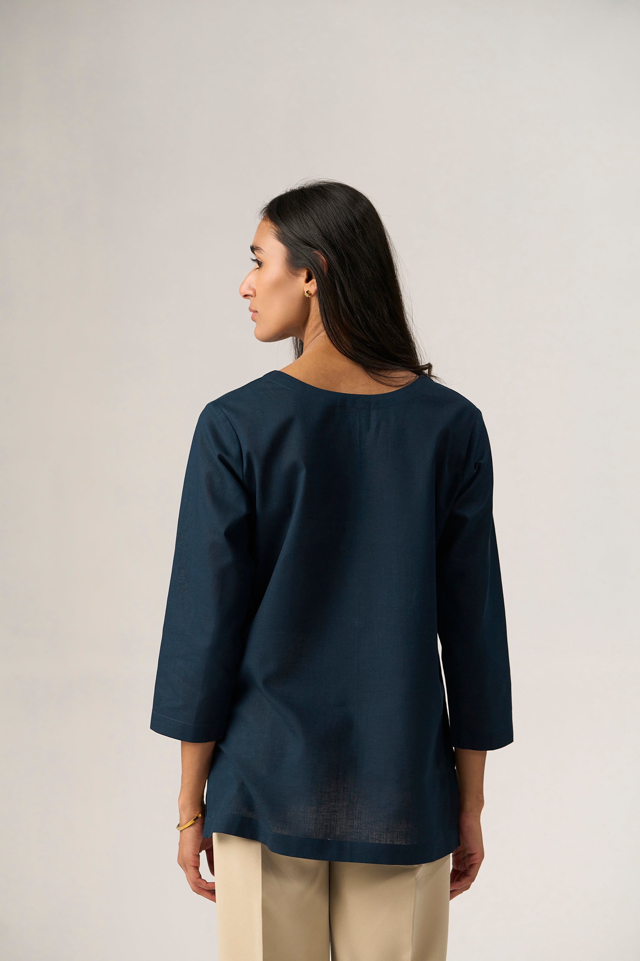 Navy Blue Cotton Linen Plain Tunic with Buttoning Details