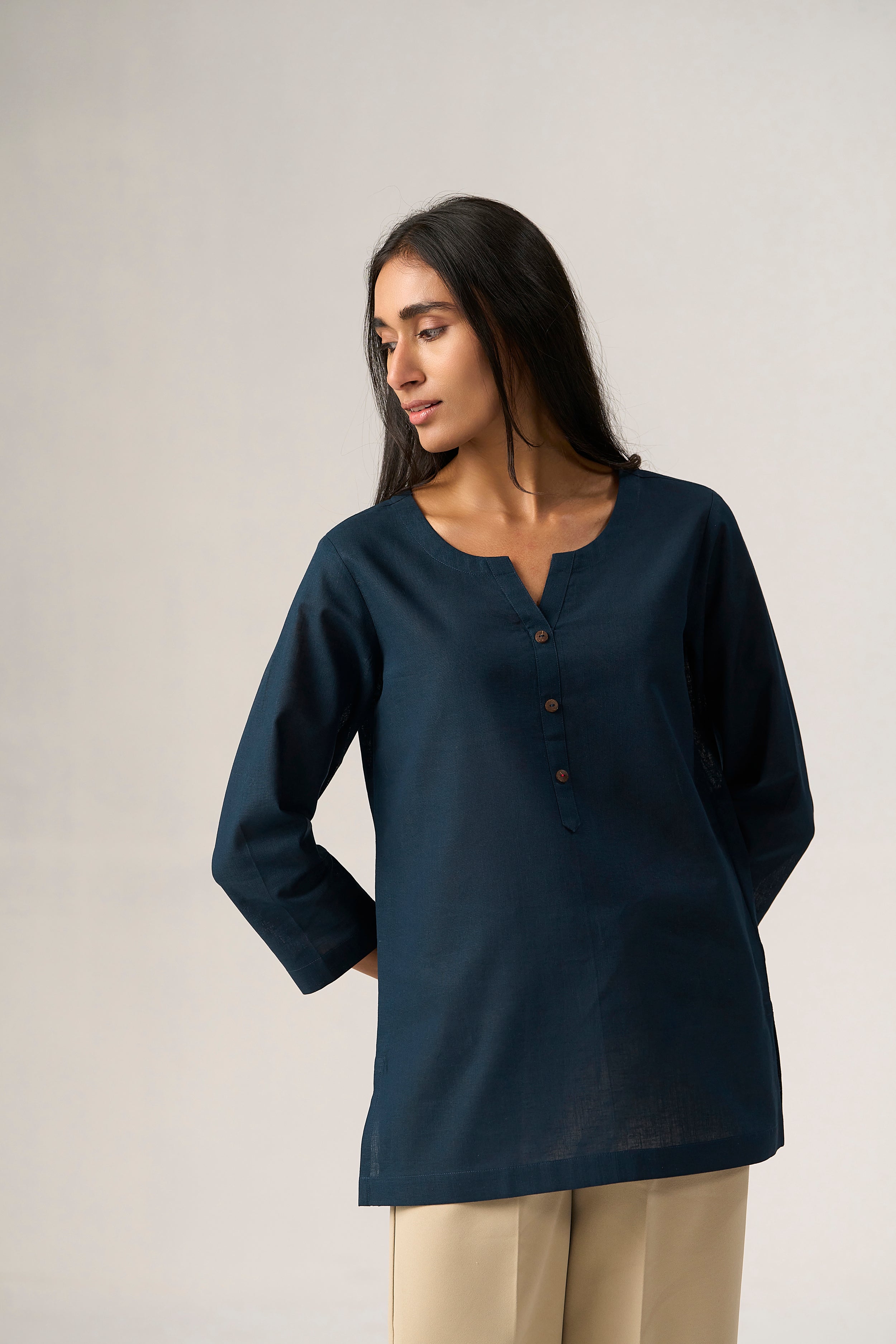Navy Blue Cotton Linen Plain Tunic with Buttoning Details