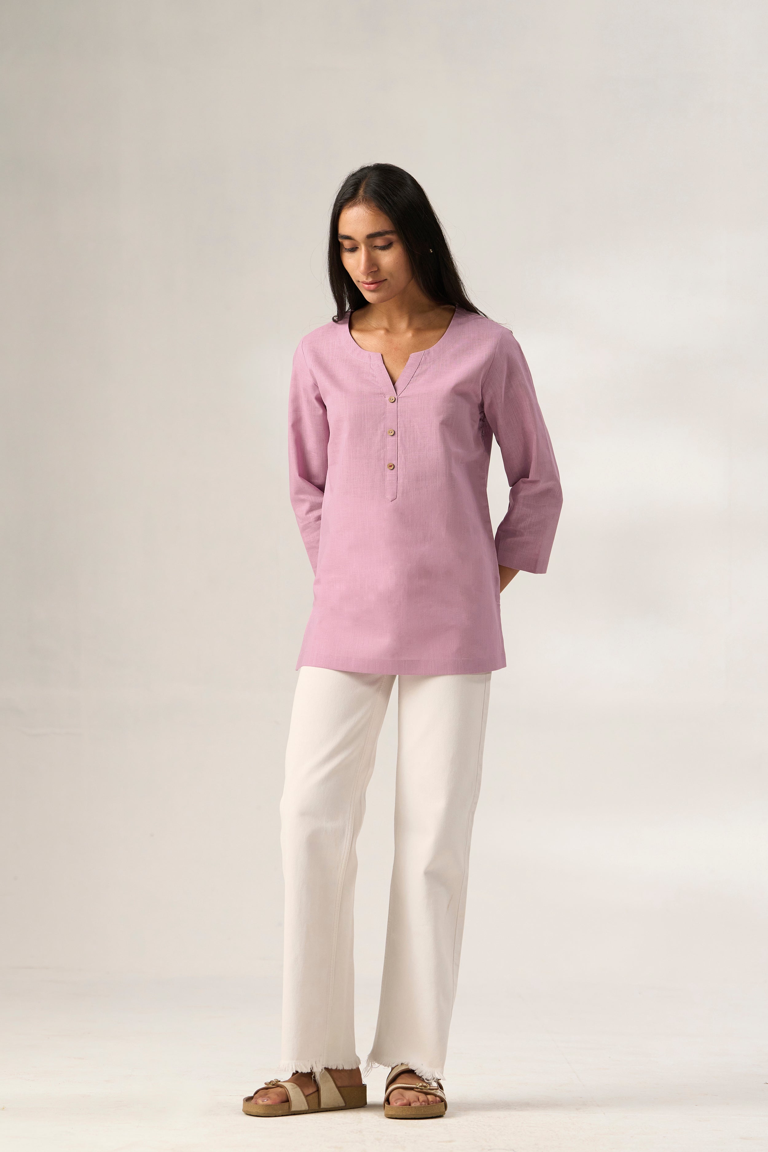 Lavender Cotton Linen Plain Tunic with Buttoning Details