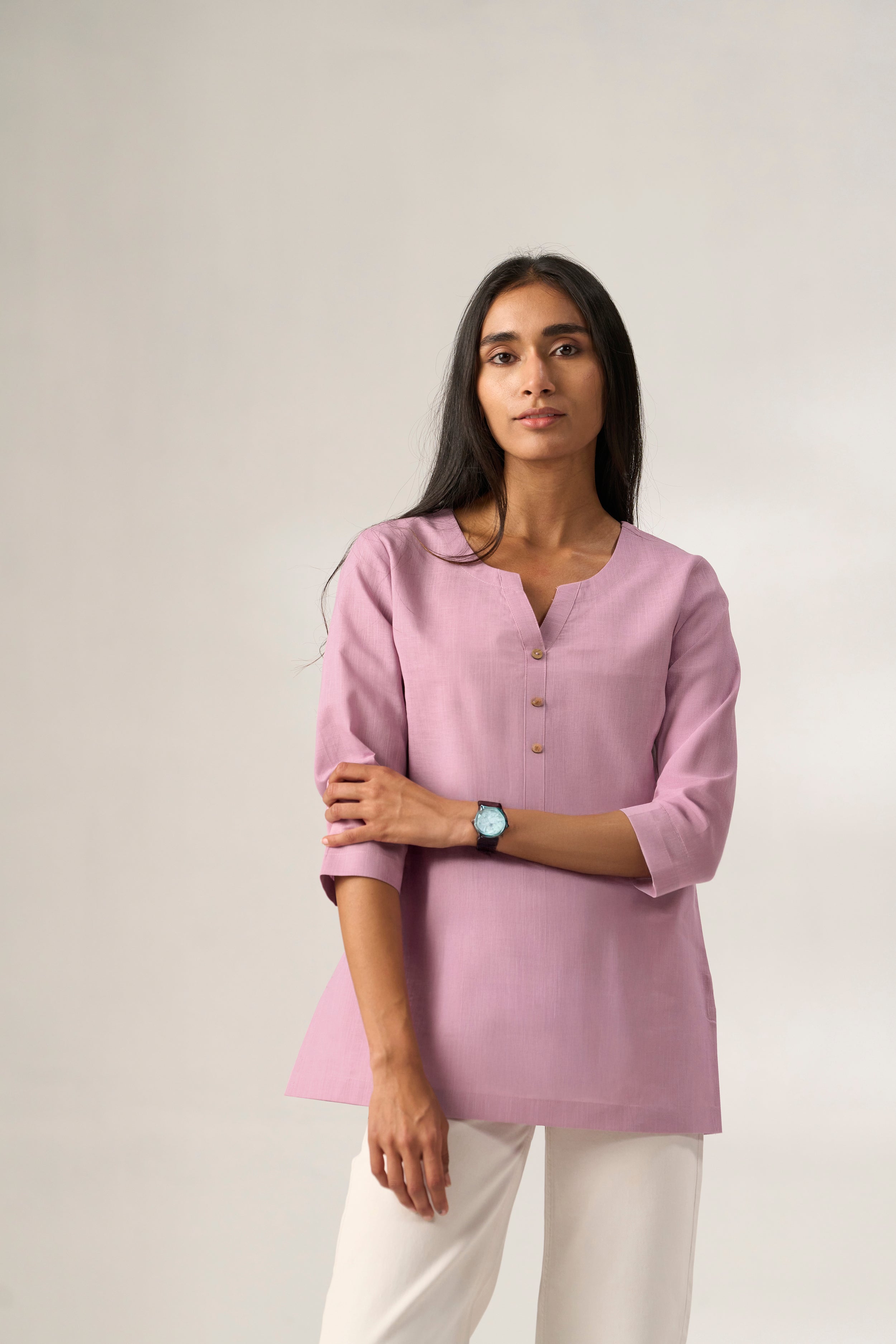 Lavender Cotton Linen Plain Tunic with Buttoning Details