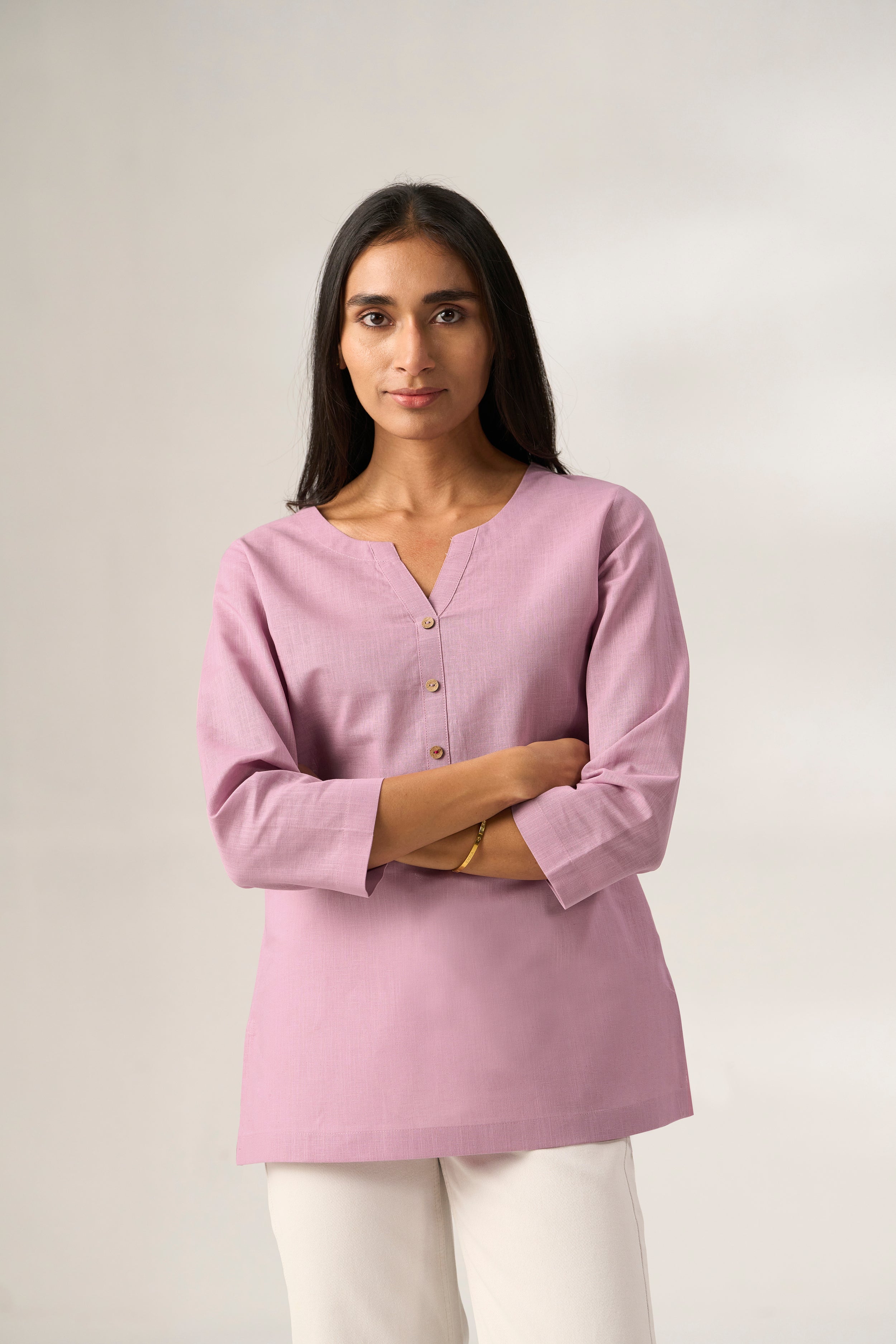 Lavender Cotton Linen Plain Tunic with Buttoning Details