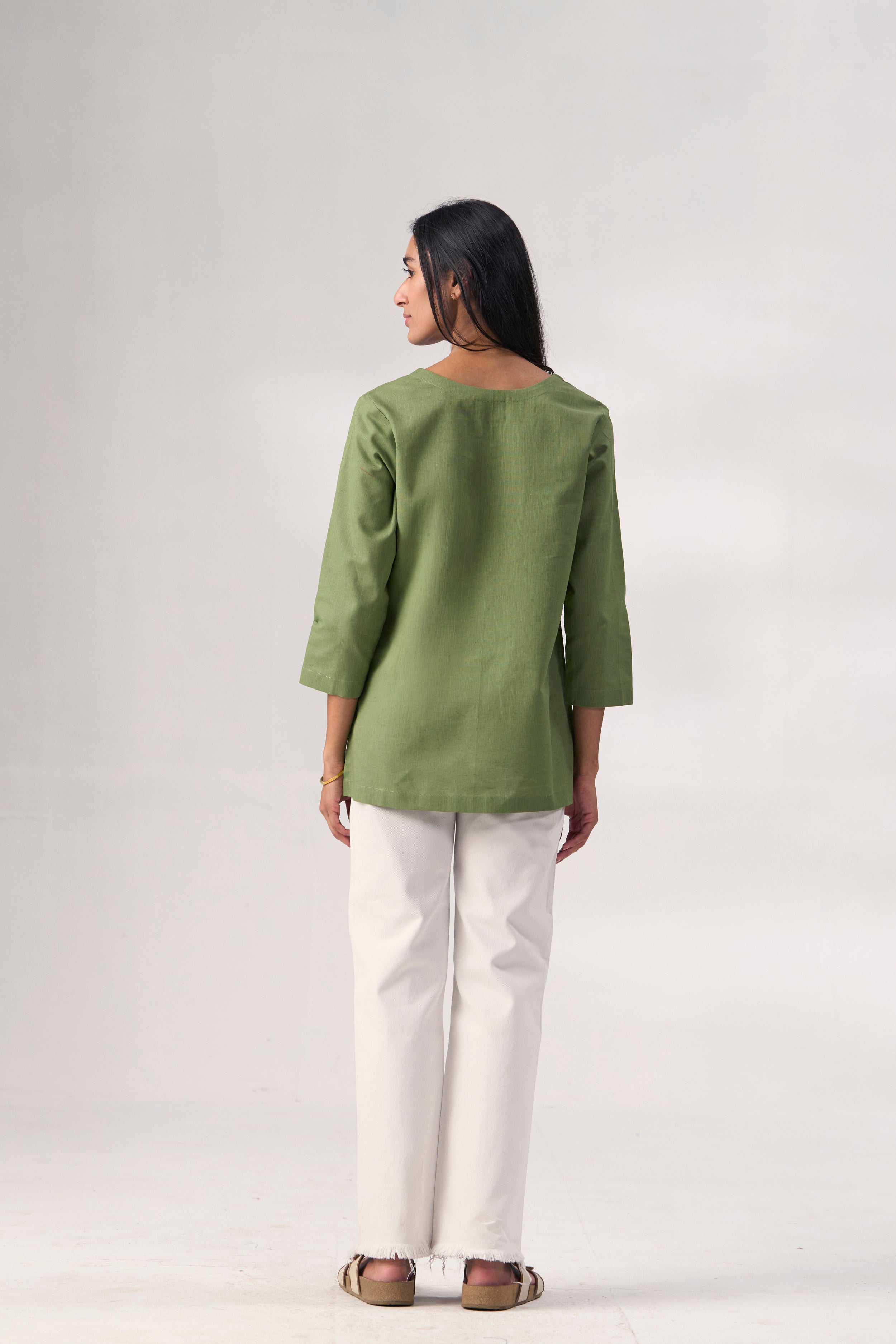 Green Cotton Linen Plain Tunic with Buttoning Details