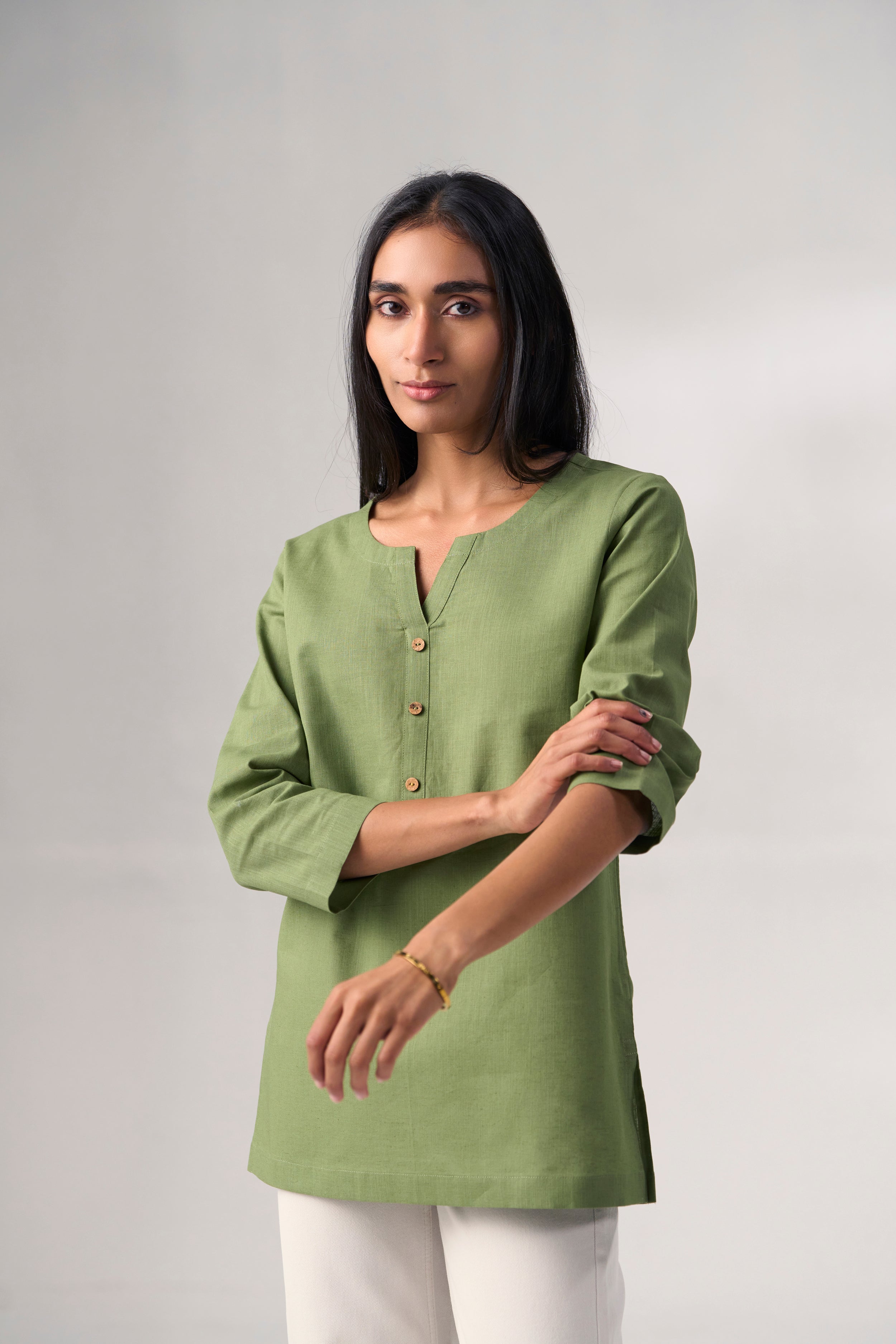 Green Cotton Linen Plain Tunic with Buttoning Details