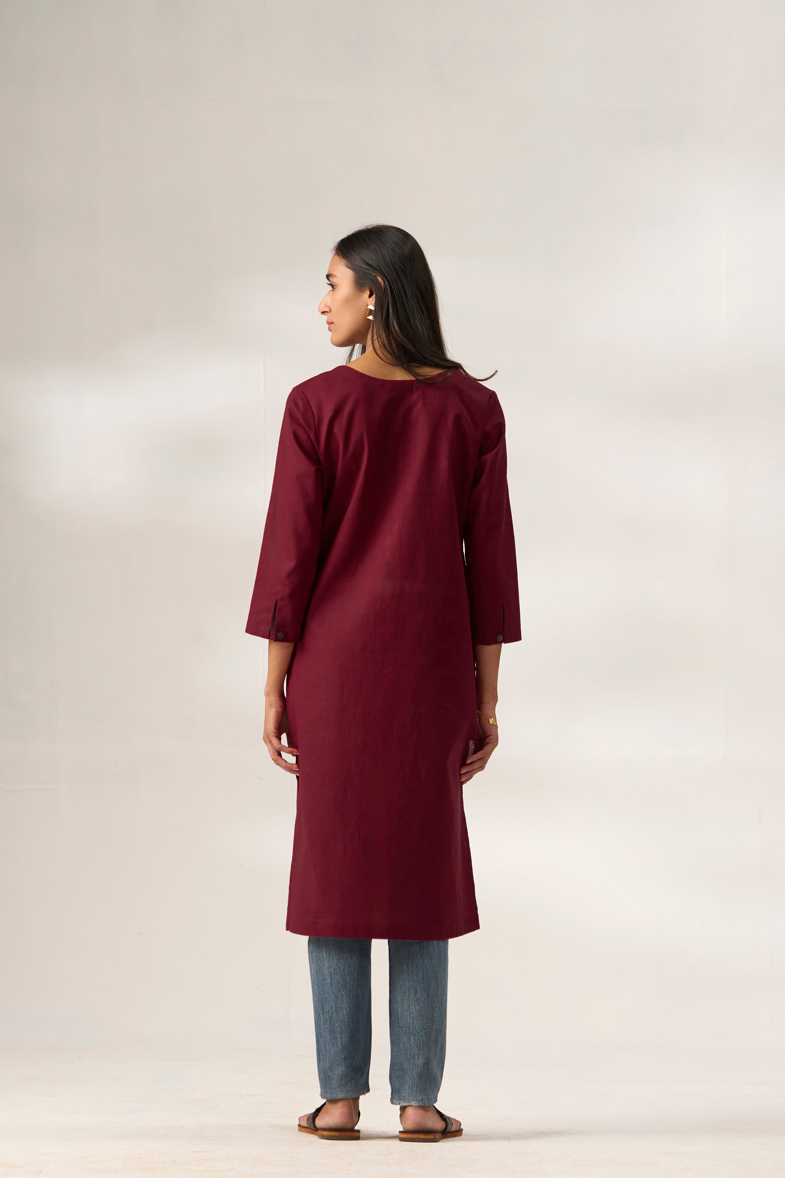 Maroon Cotton Linen Plain Kurti with Buttoning Details