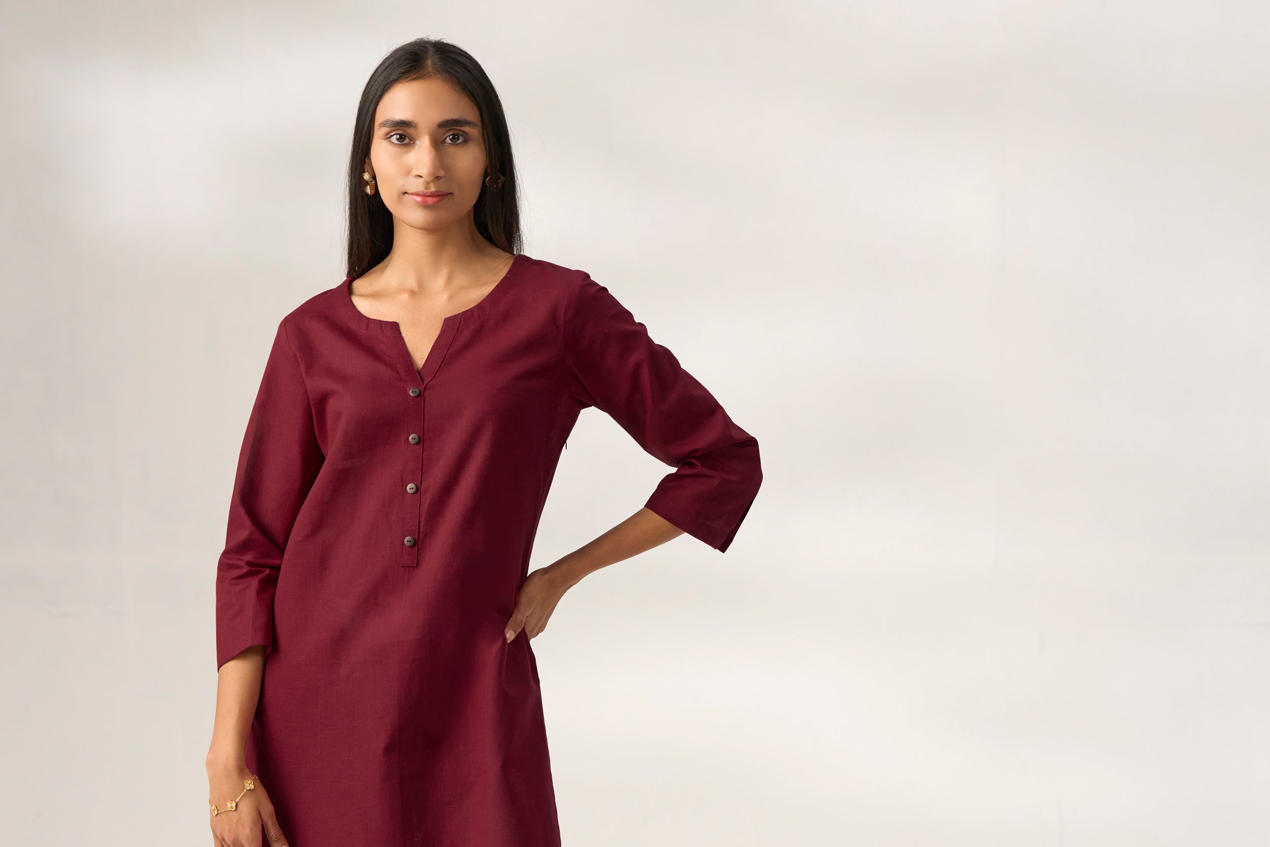 Maroon Cotton Linen Plain Kurti with Buttoning Details