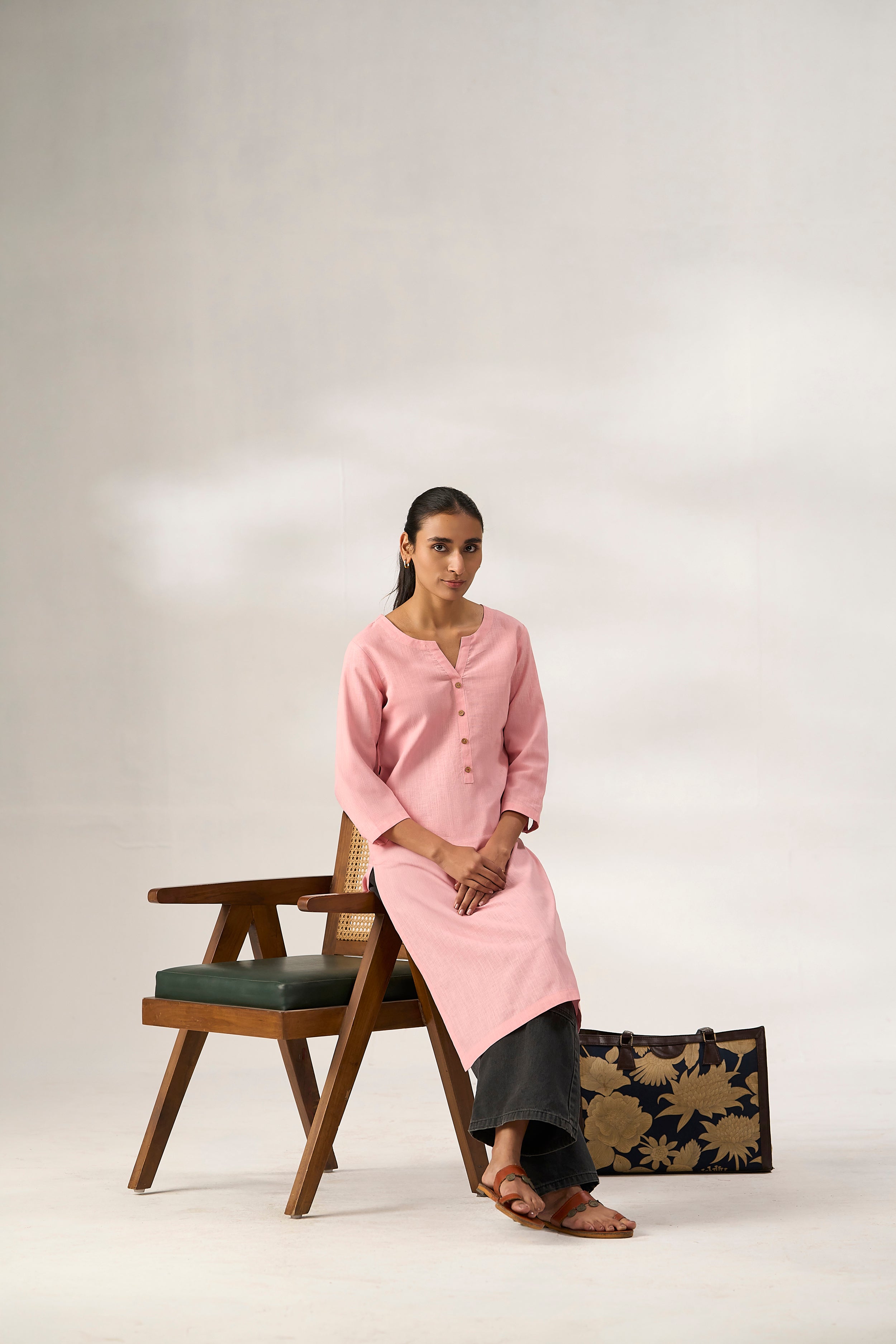 Pink Cotton Linen Plain Kurti with Buttoning Details