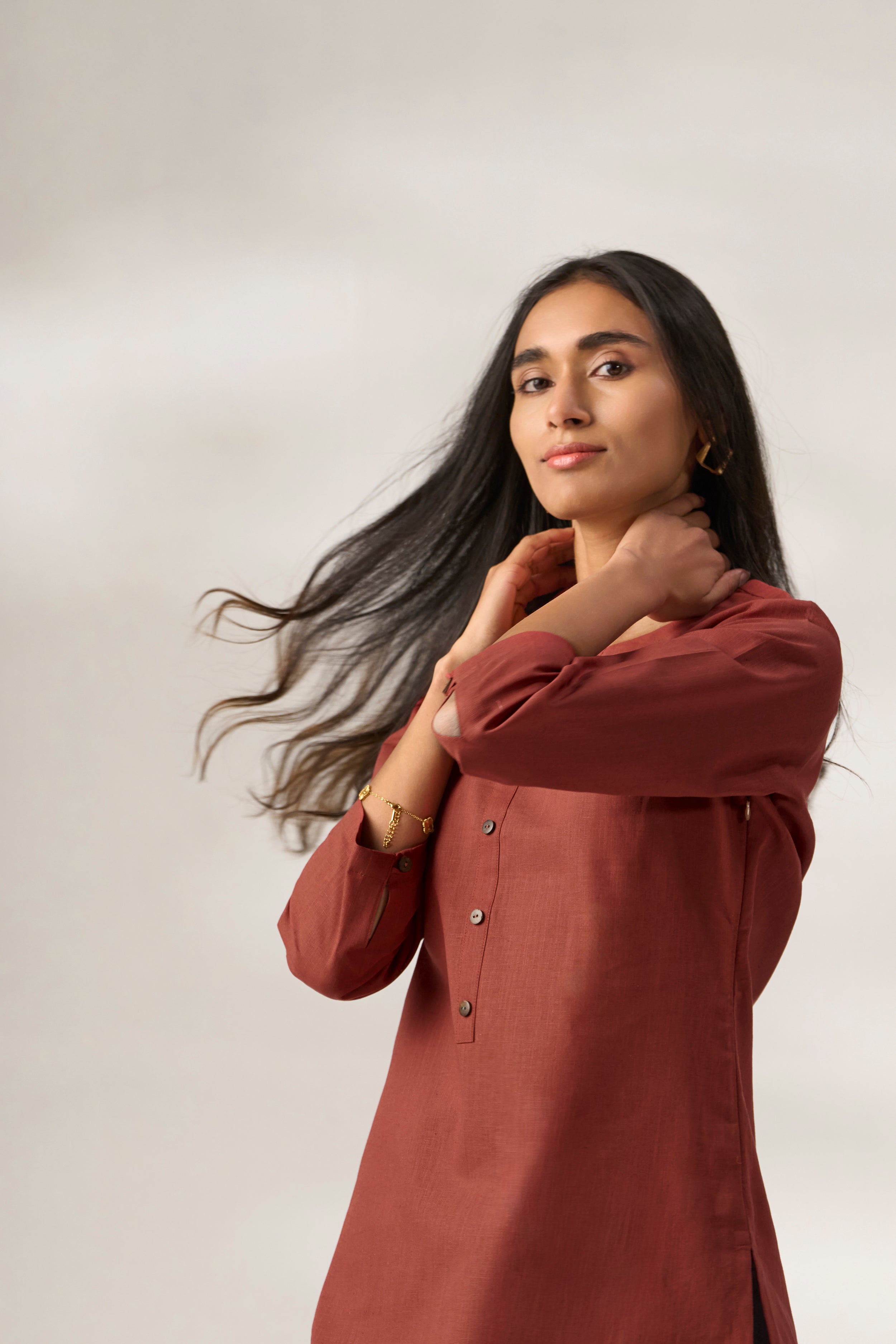 Rust Cotton Linen Plain Kurti with Buttoning Details
