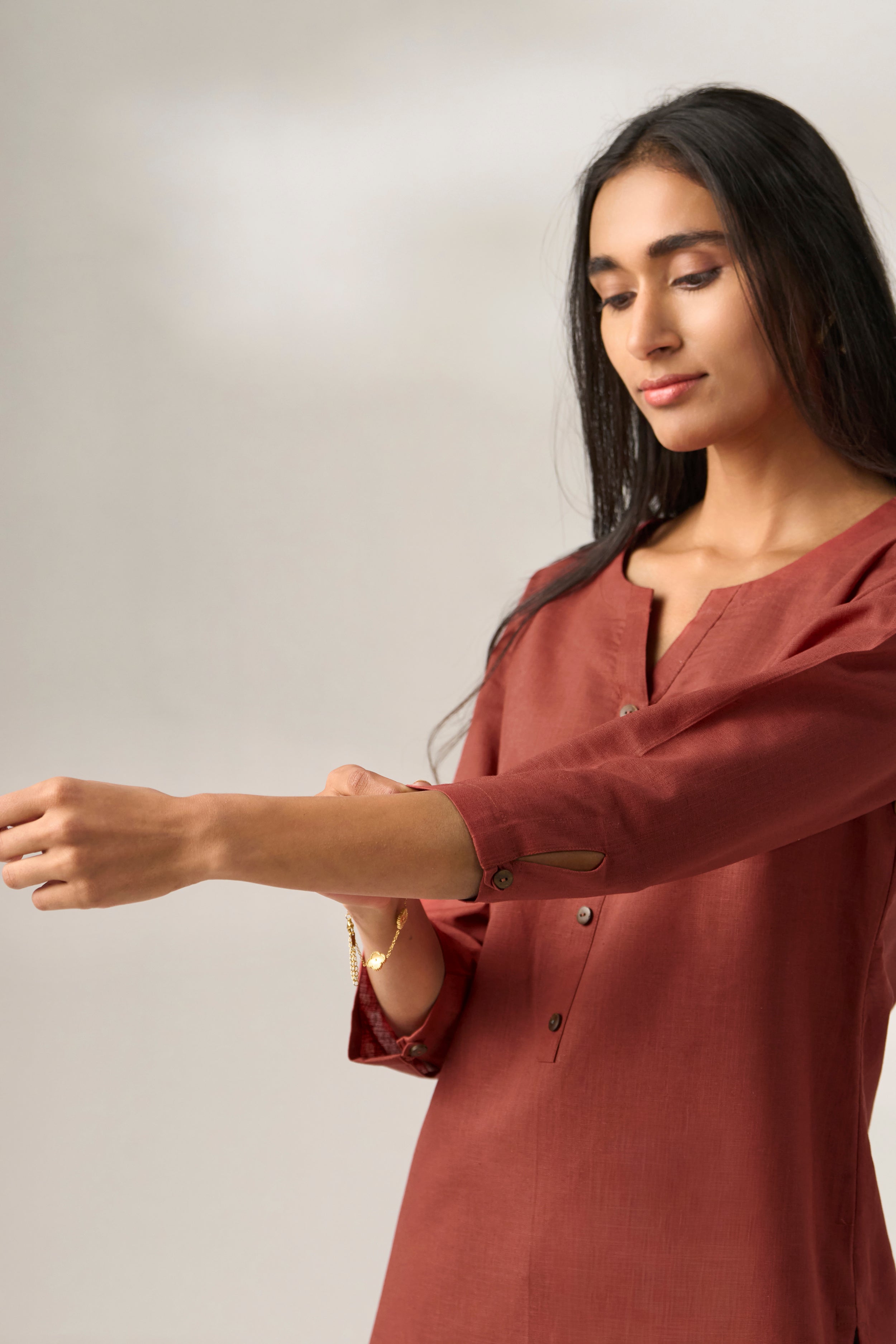 Rust Cotton Linen Plain Kurti with Buttoning Details