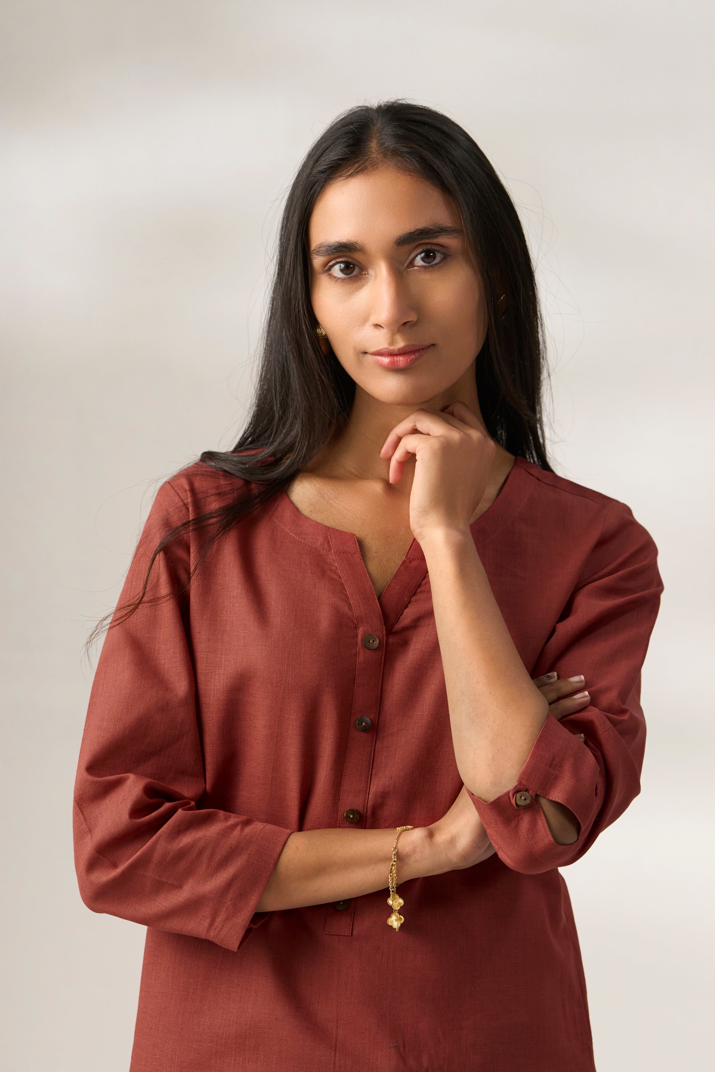Rust Cotton Linen Plain Kurti with Buttoning Details