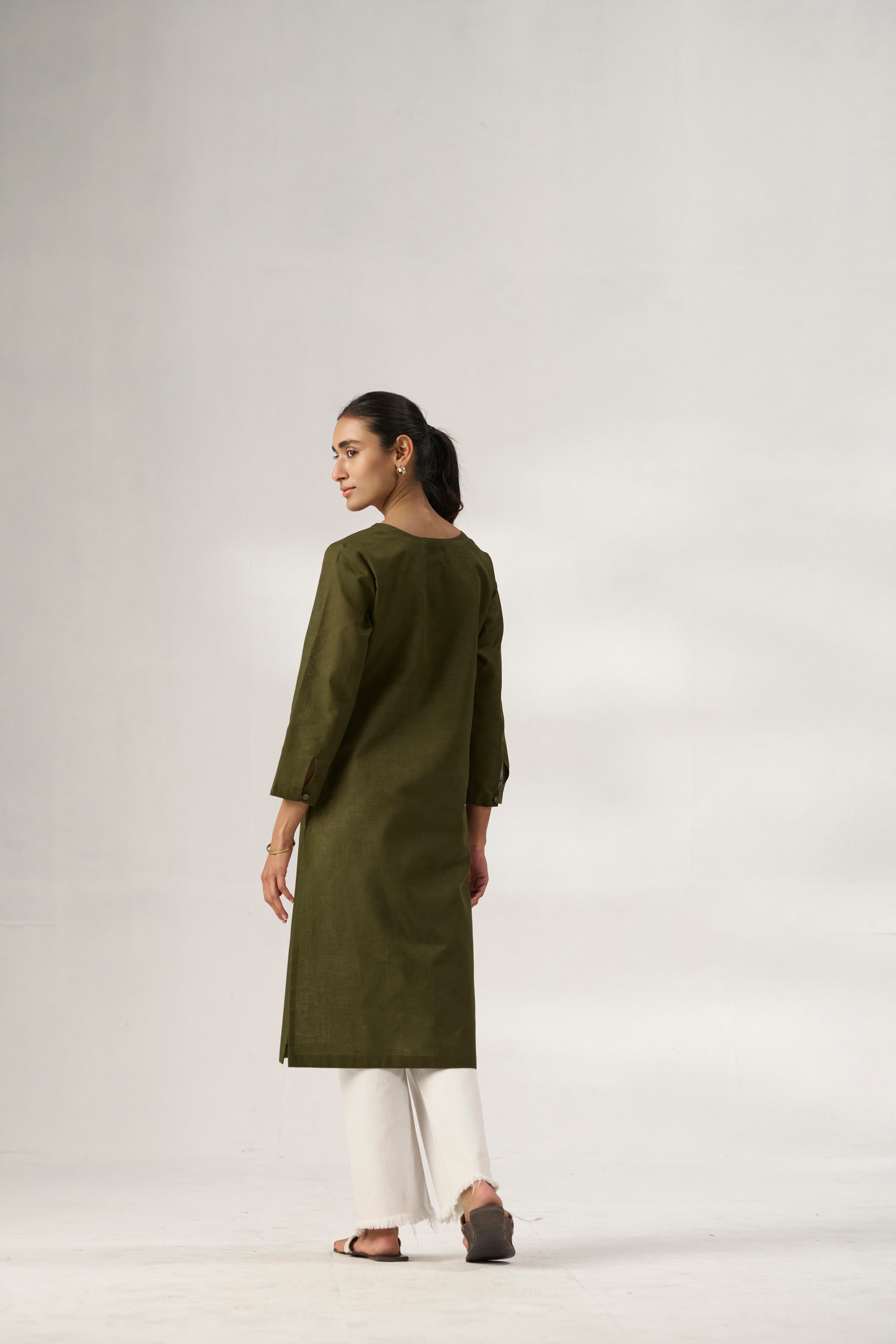 Olive Cotton Linen Plain Kurti with Buttoning Details