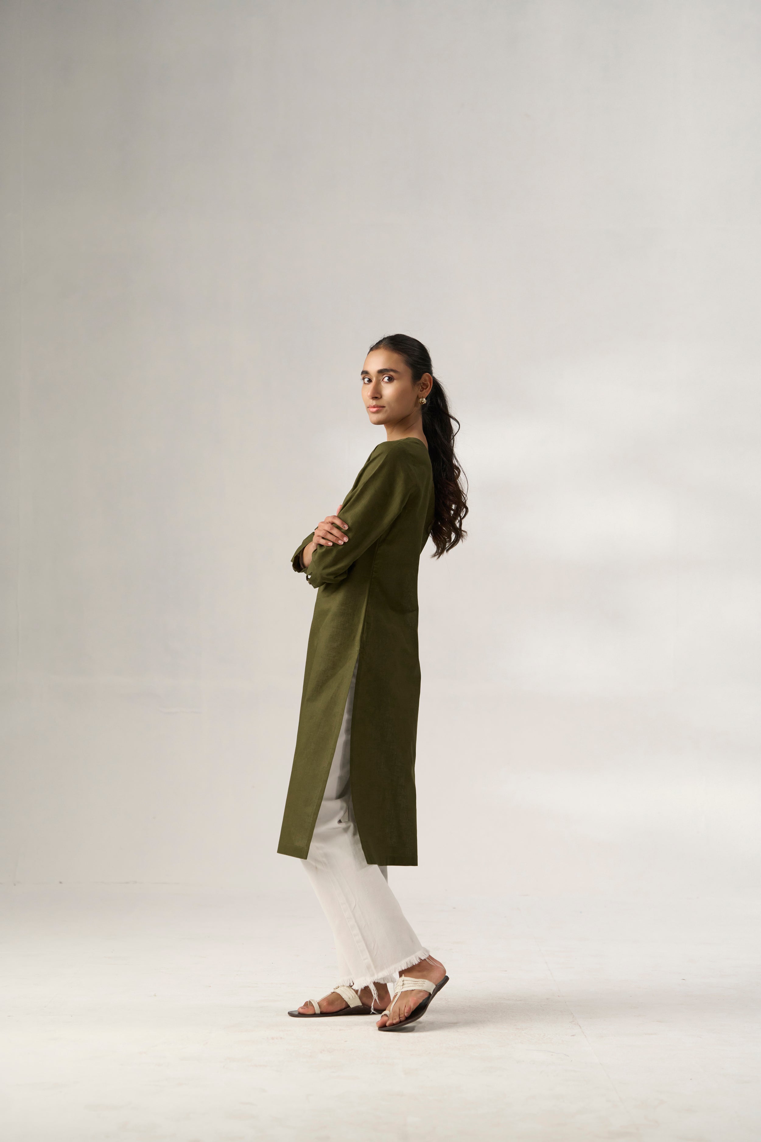 Olive Cotton Linen Plain Kurti with Buttoning Details