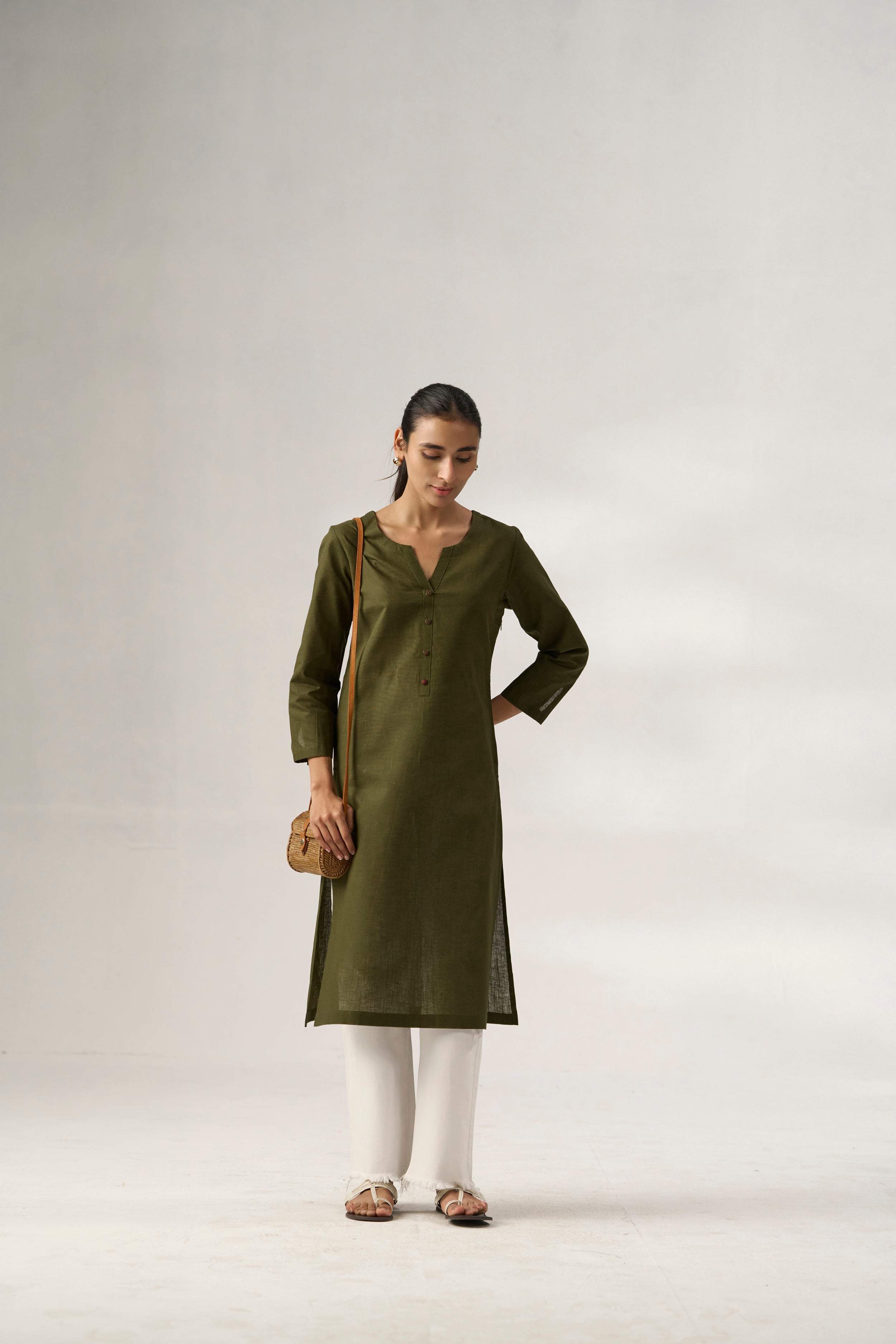 Olive Cotton Linen Plain Kurti with Buttoning Details