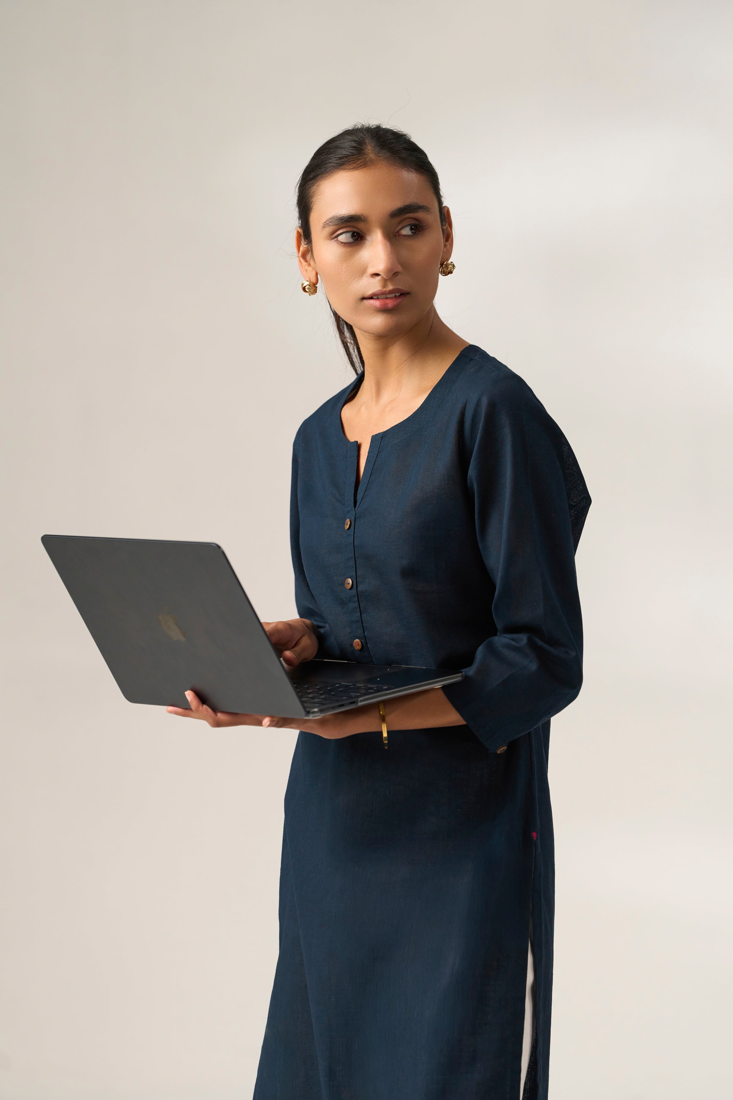 Navy Blue Cotton Linen Plain Kurti with Buttoning Details