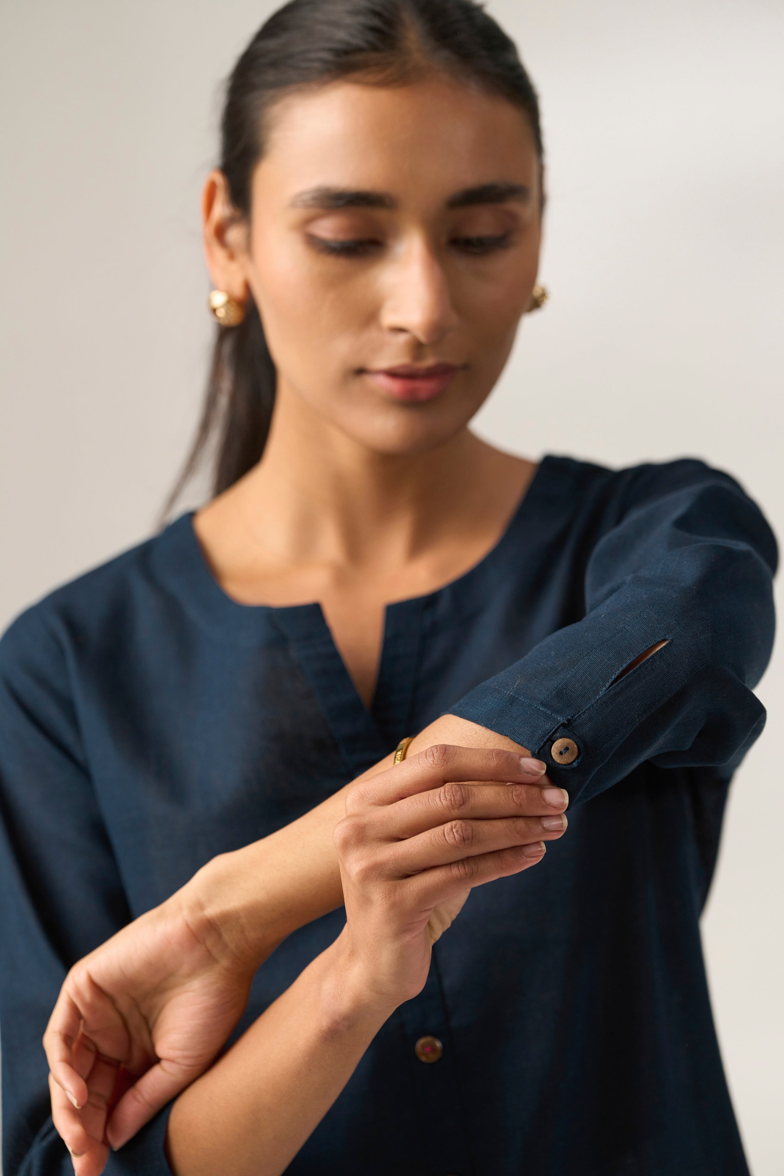 Navy Blue Cotton Linen Plain Kurti with Buttoning Details