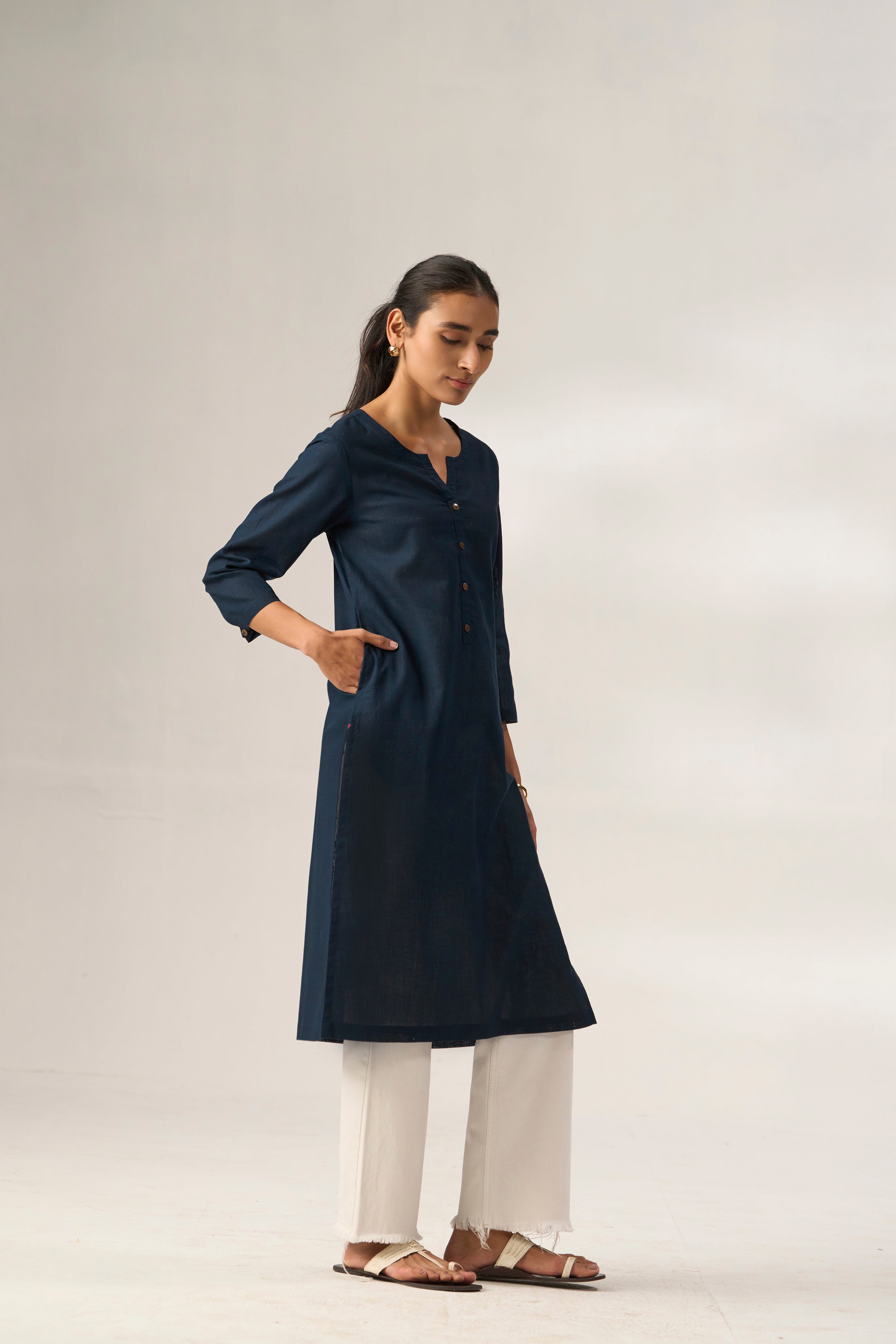 Navy Blue Cotton Linen Plain Kurti with Buttoning Details