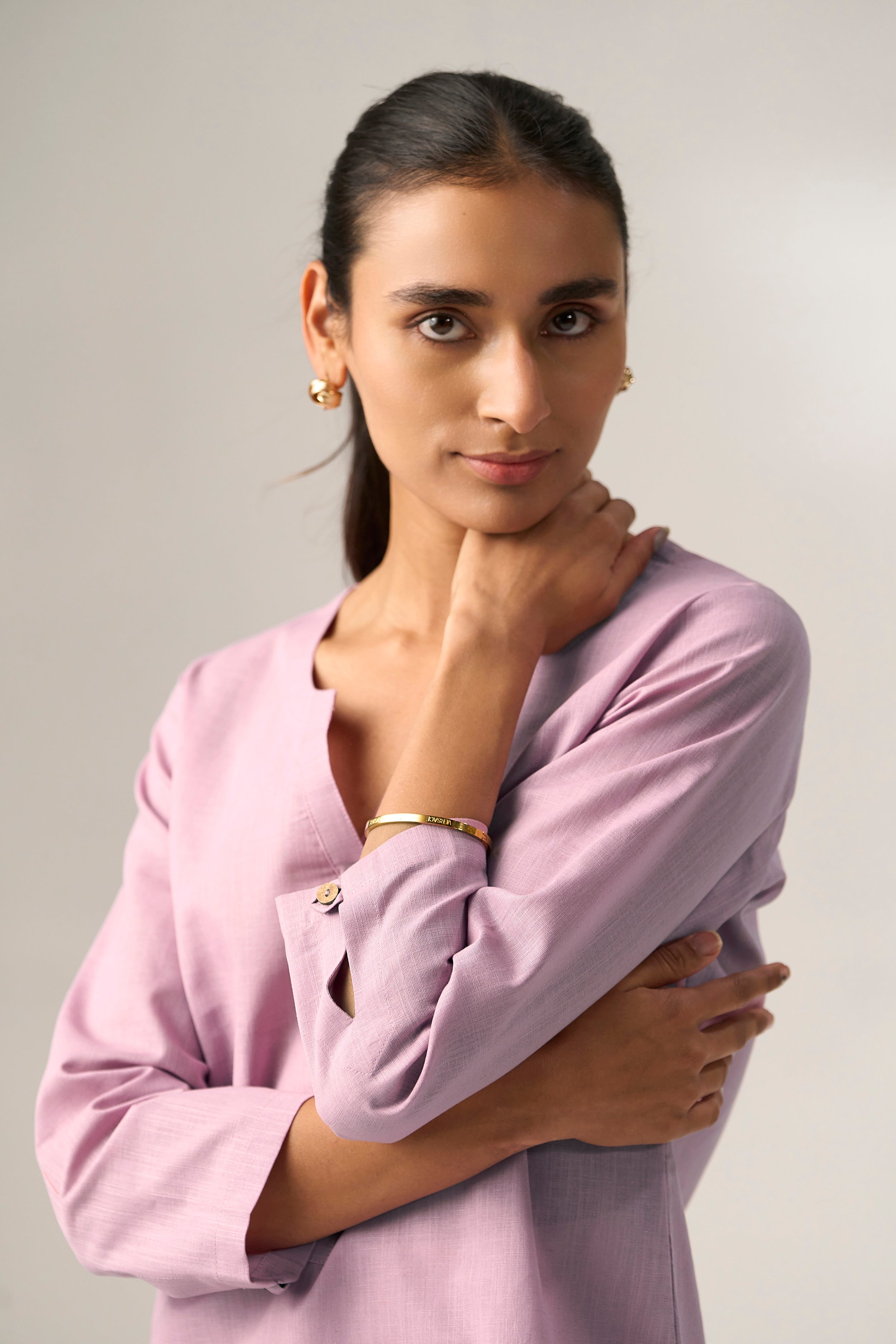 Lavender Cotton Linen Plain Kurti with Buttoning Details