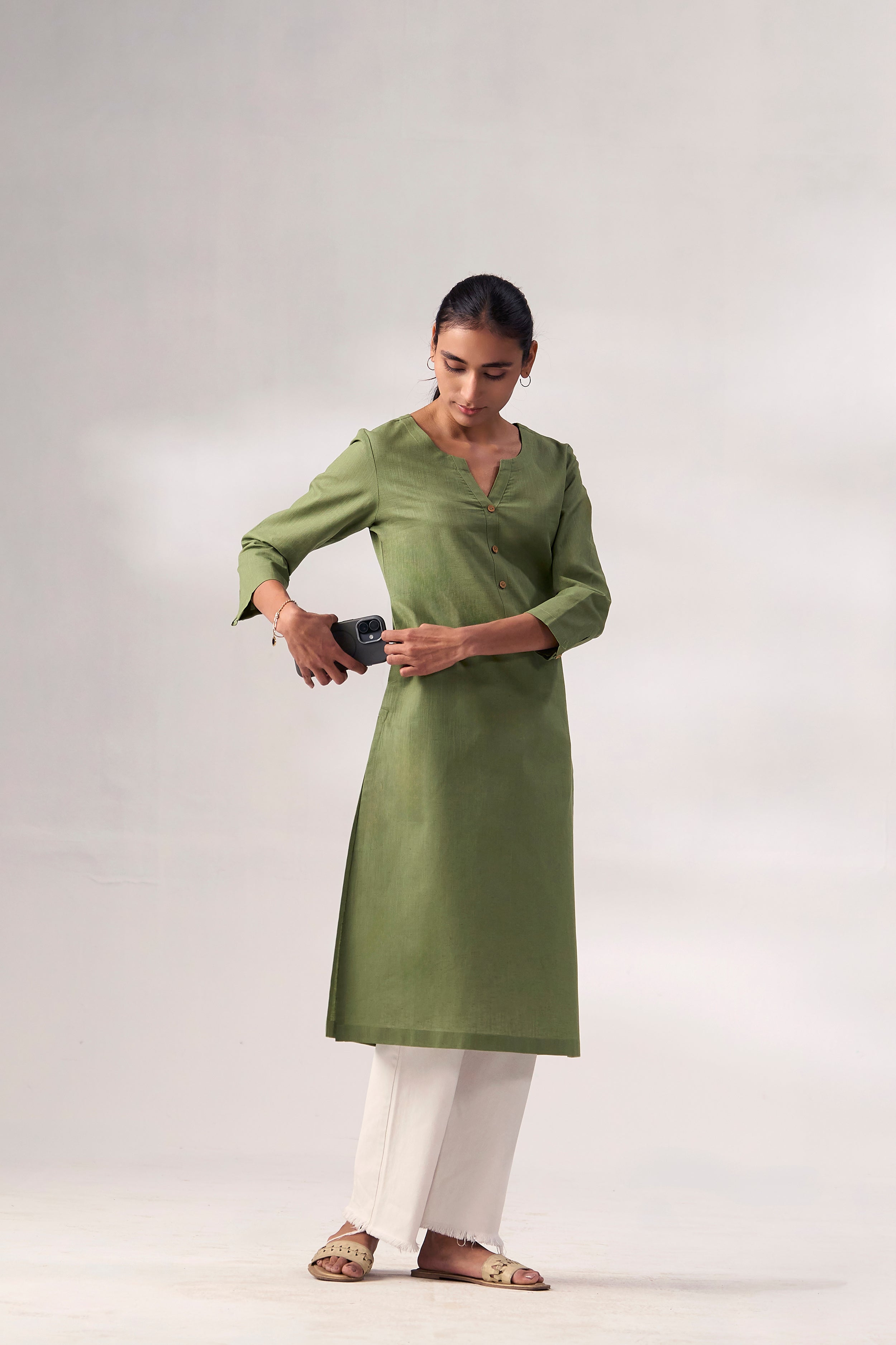 Green Cotton Linen Plain Kurti with Buttoning Details