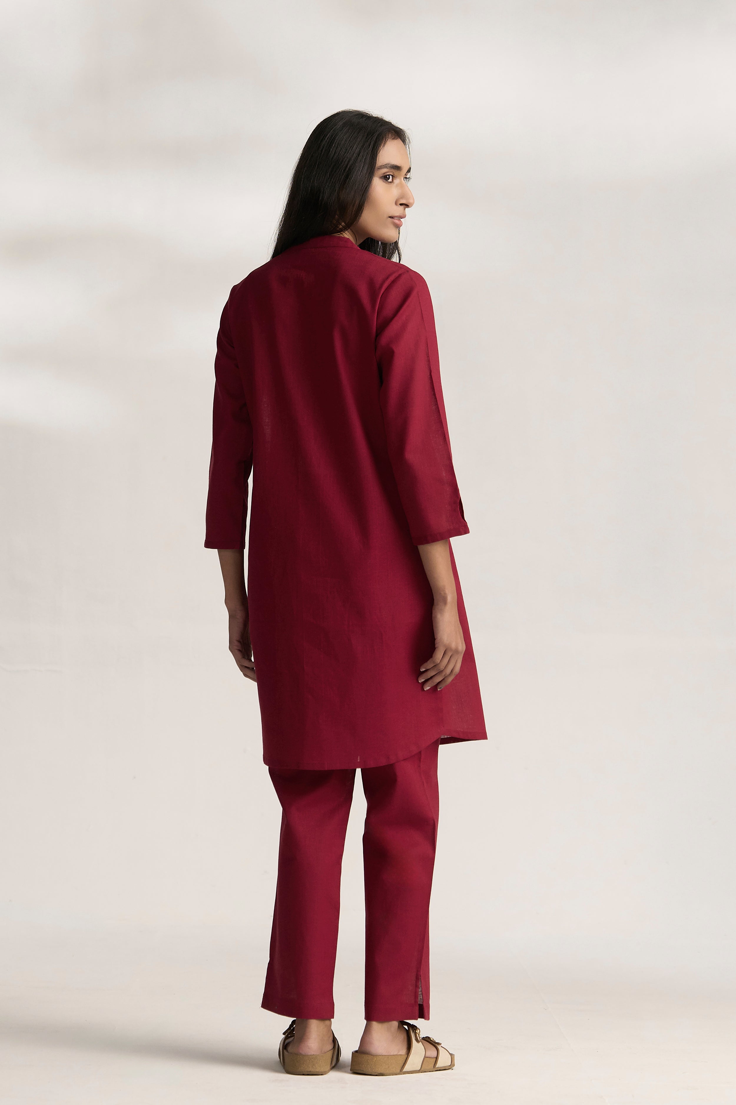 Maroon Cotton Linen Plain Co-ord Set with Buttoning Details