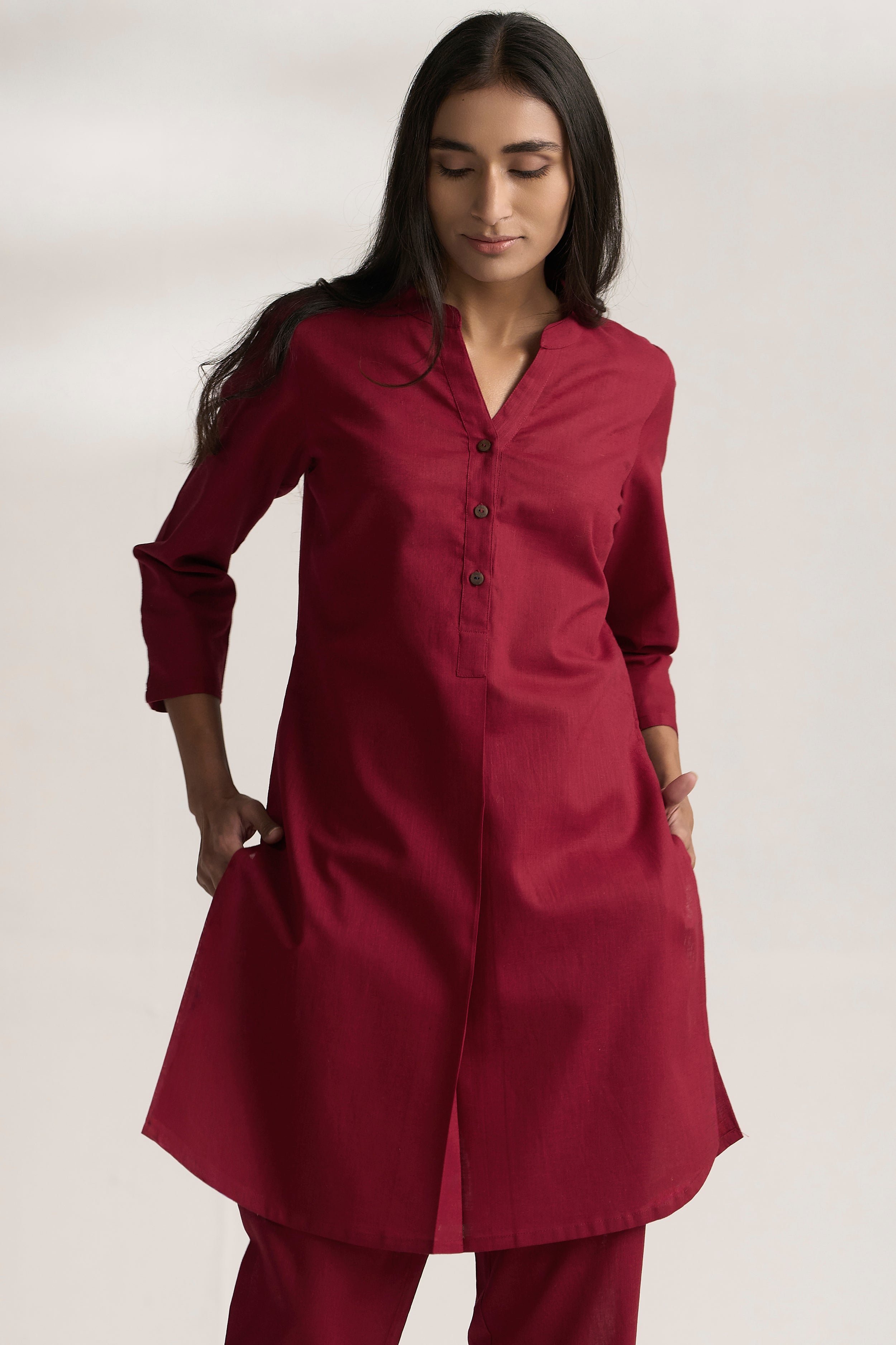 Maroon Cotton Linen Plain Co-ord Set with Buttoning Details