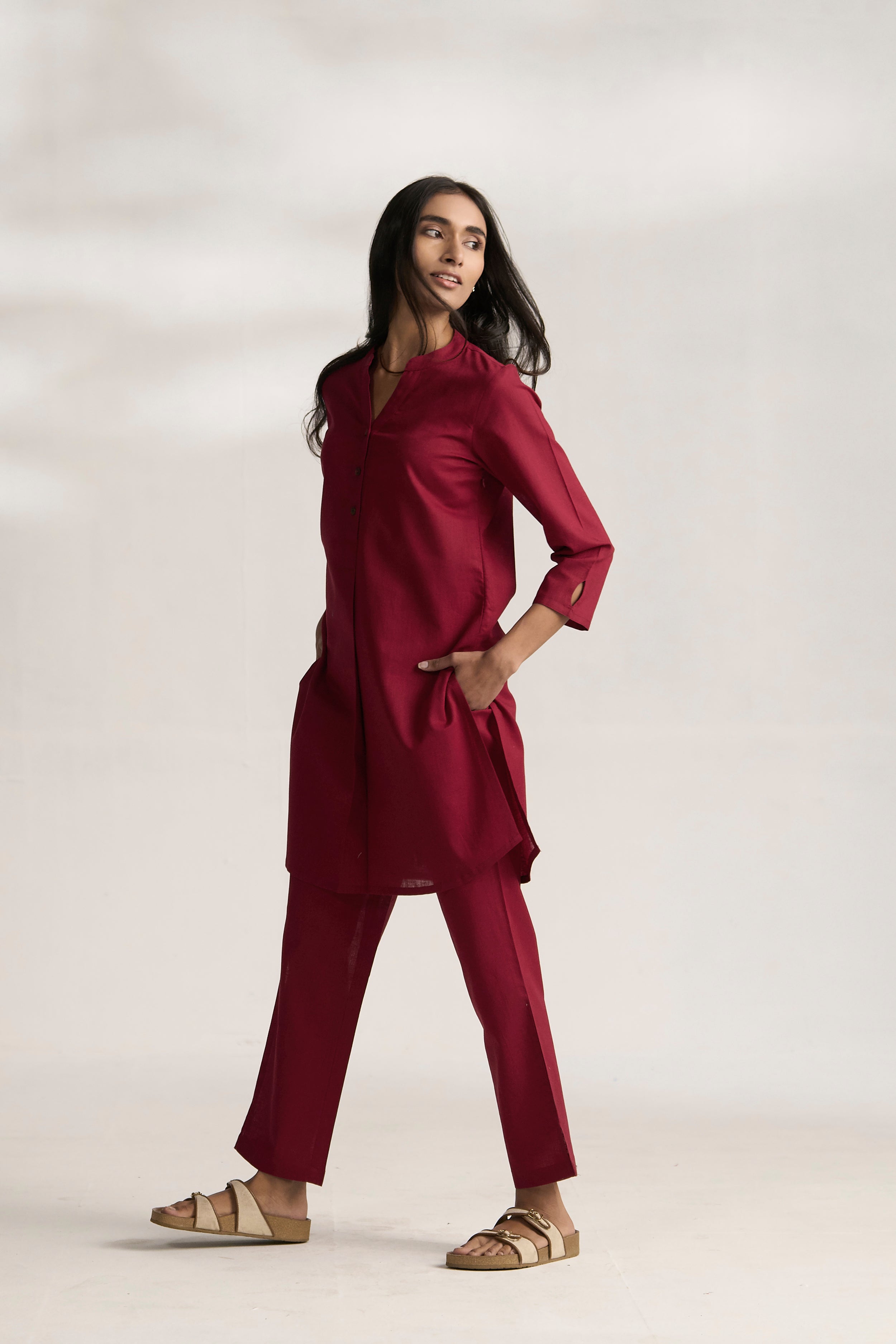 Maroon Cotton Linen Plain Co-ord Set with Buttoning Details