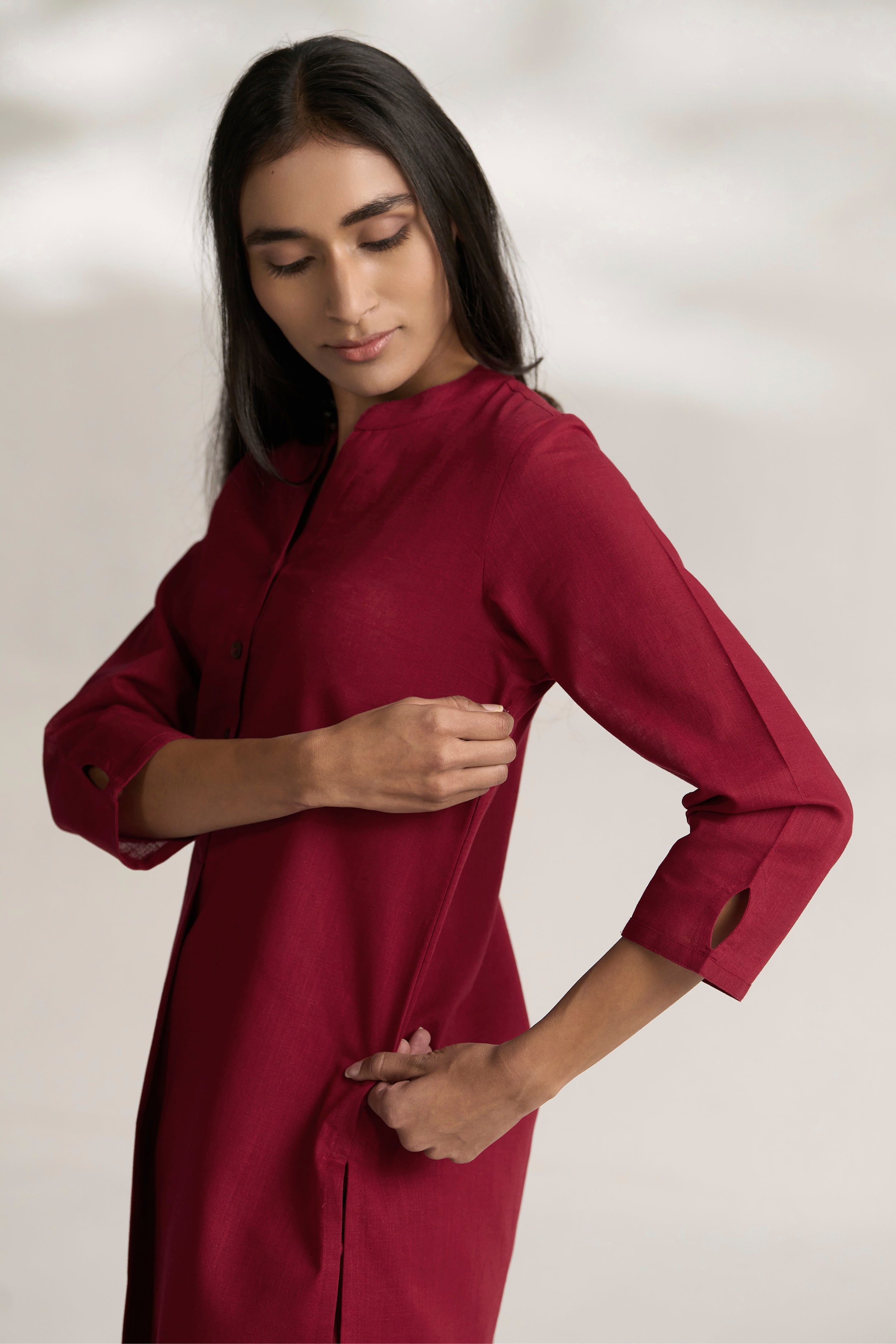 Maroon Cotton Linen Plain Co-ord Set with Buttoning Details