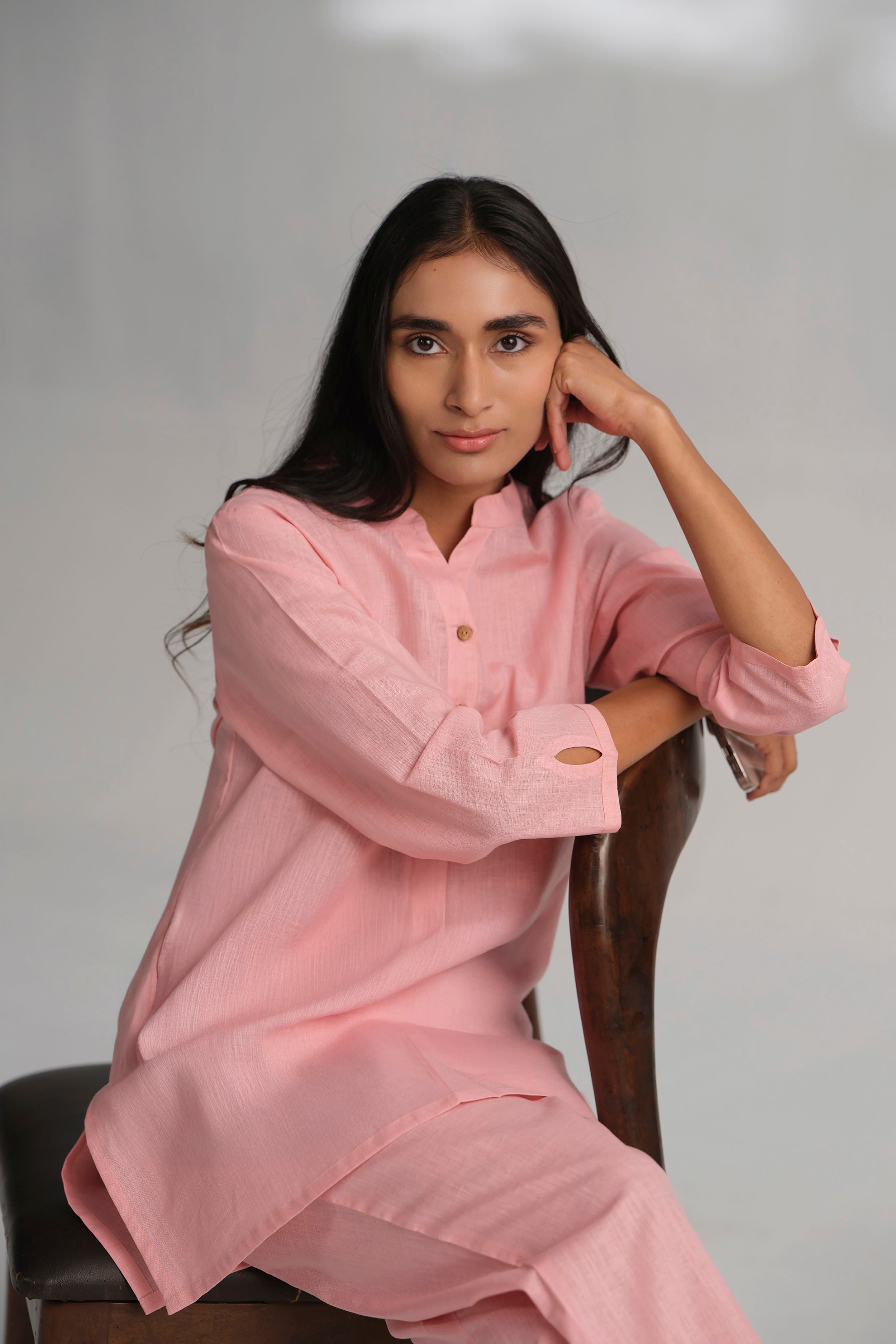 Pink Cotton Linen Plain Co-ord Set with Buttoning Details