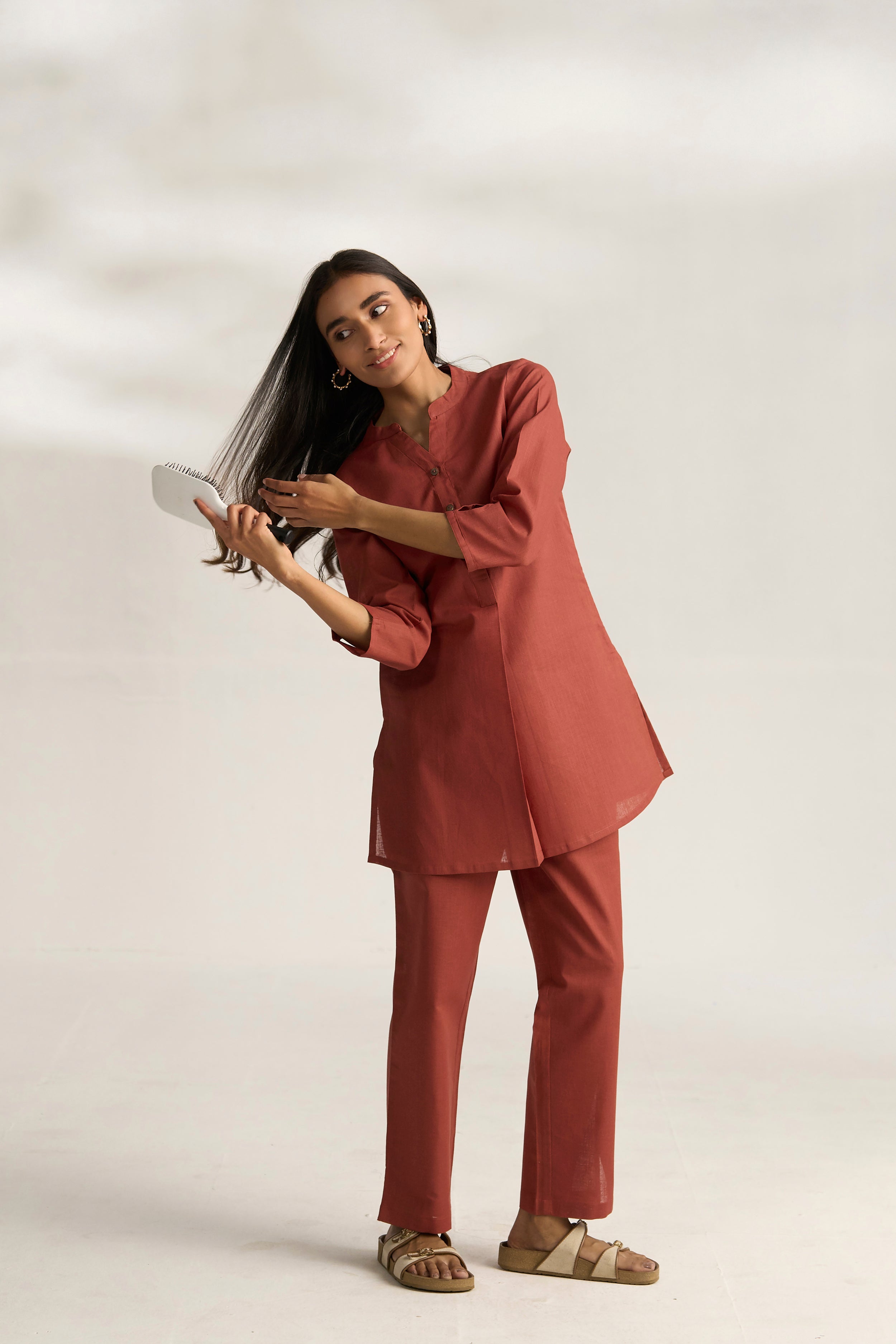 Rust Cotton Linen Plain Co-ord Set with Buttoning Details