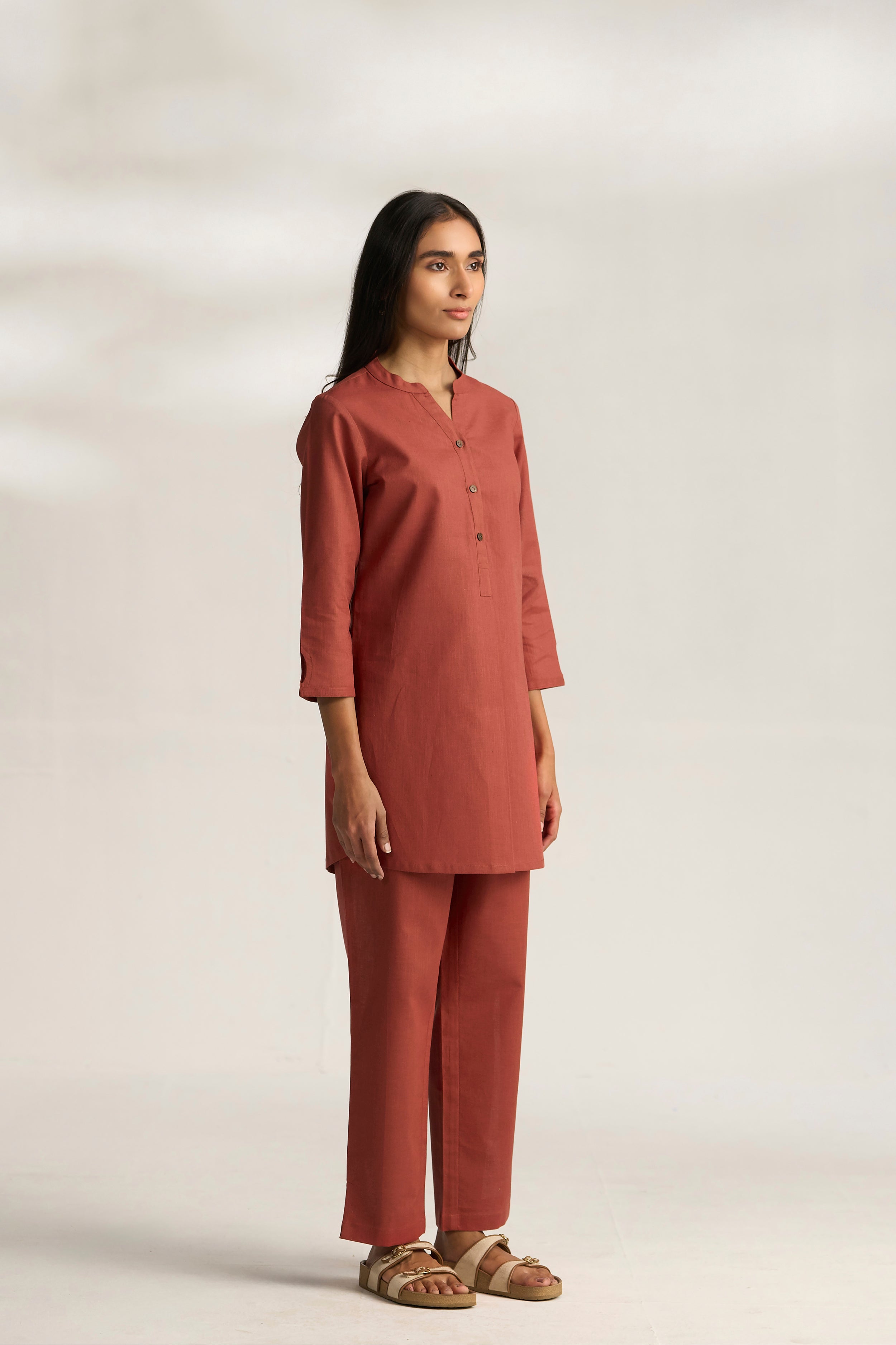 Rust Cotton Linen Plain Co-ord Set with Buttoning Details