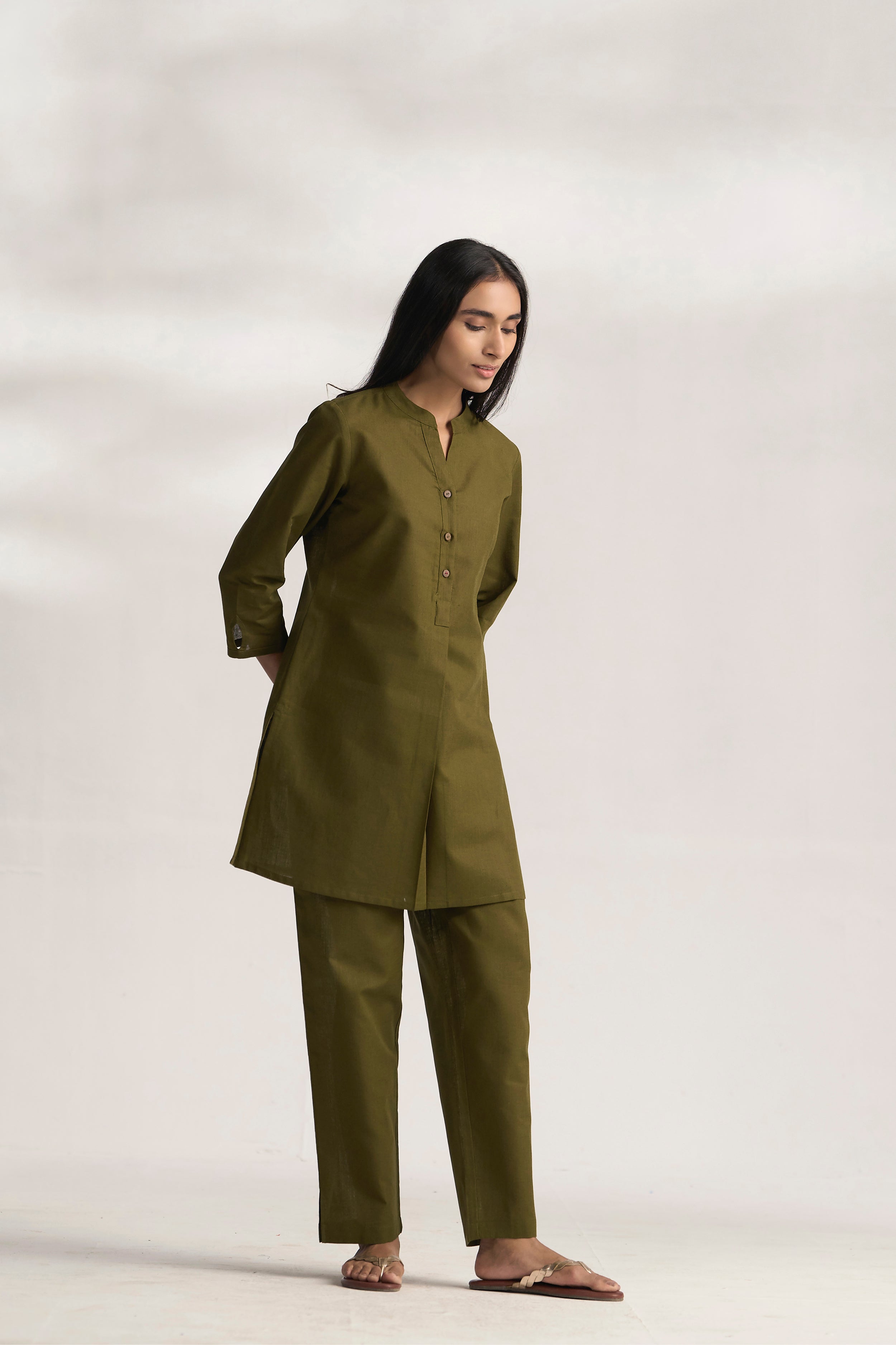 Olive Cotton Linen Plain Co-ord Set with Buttoning Details