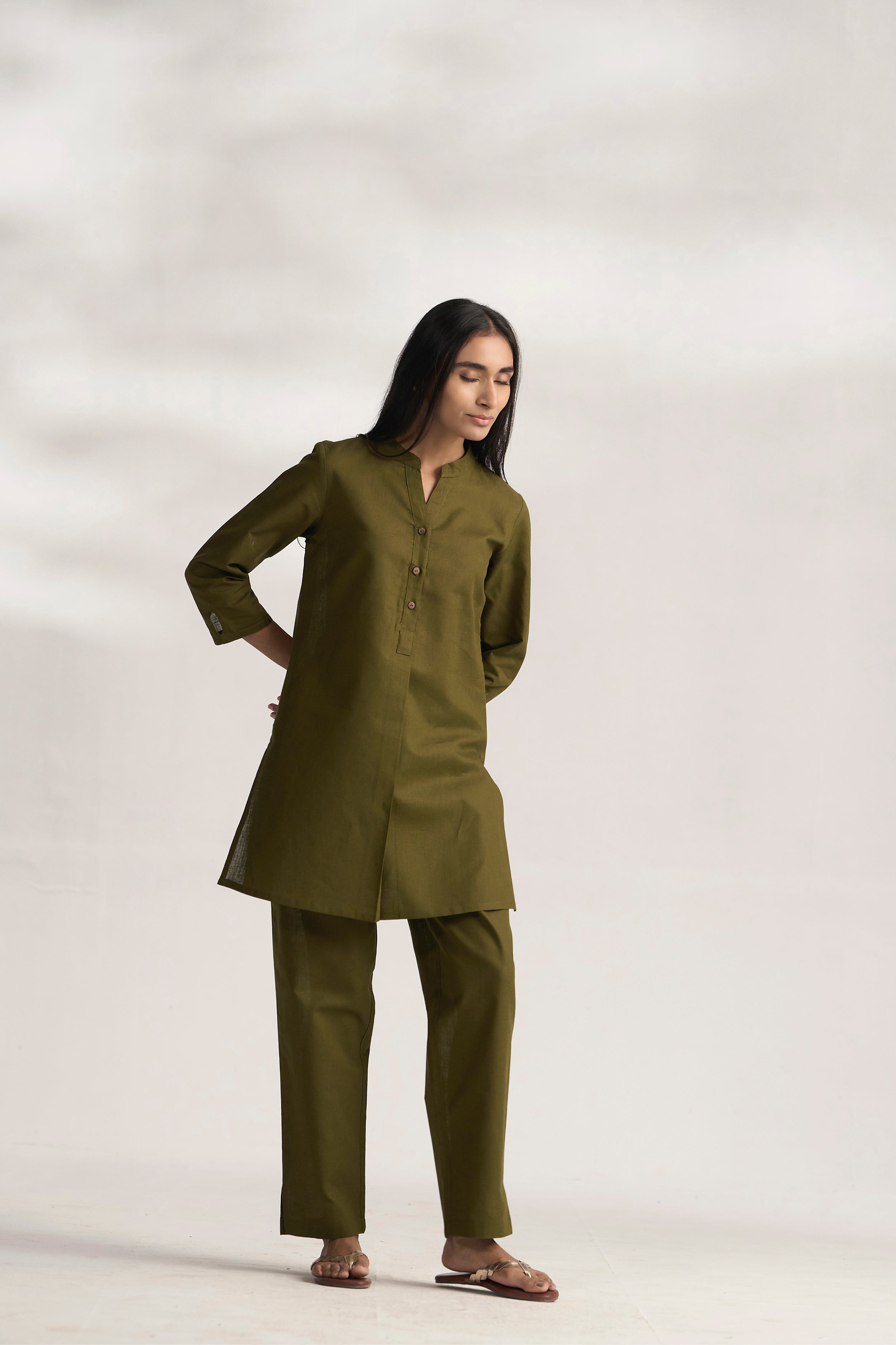 Olive Cotton Linen Plain Co-ord Set with Buttoning Details