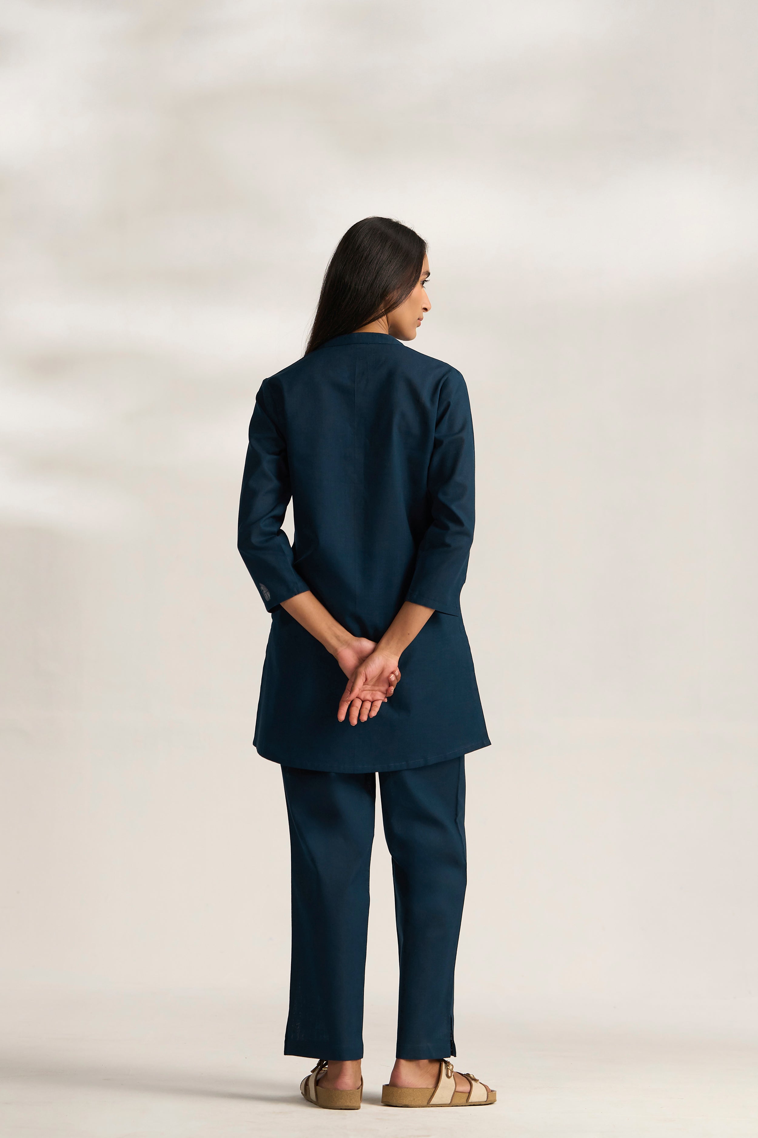 Navy Blue Cotton Linen Plain Co-ord Set with Buttoning Details