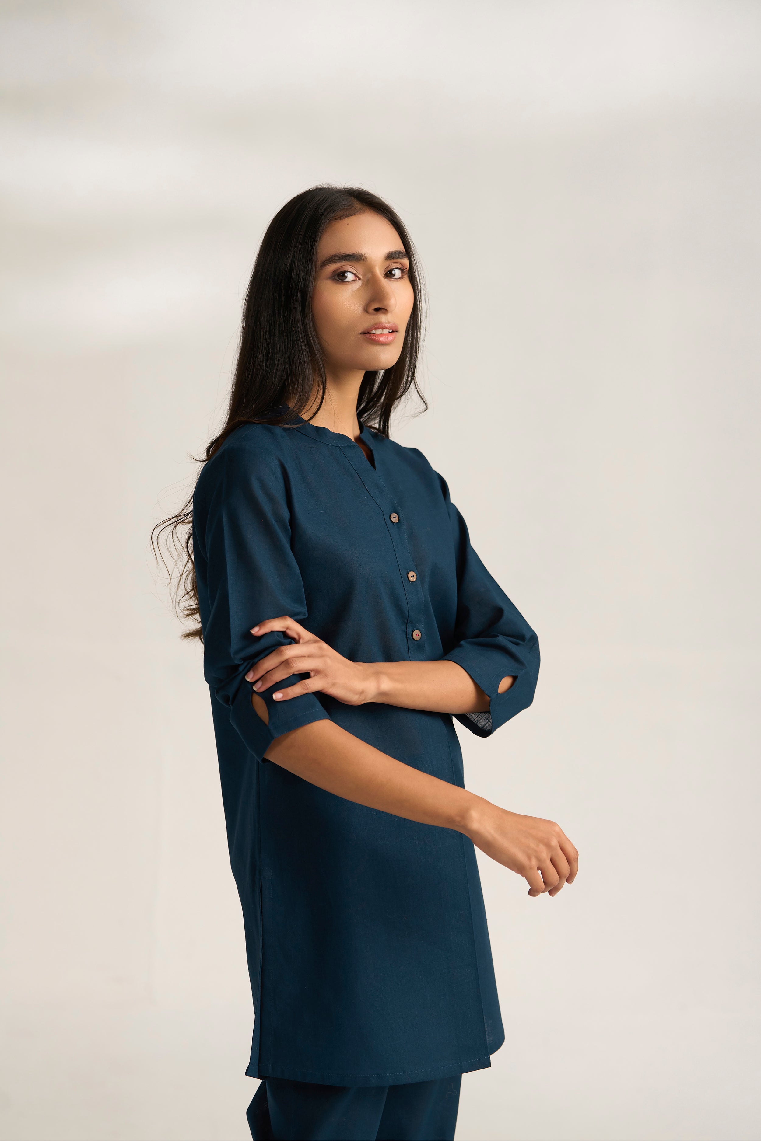 Navy Blue Cotton Linen Plain Co-ord Set with Buttoning Details