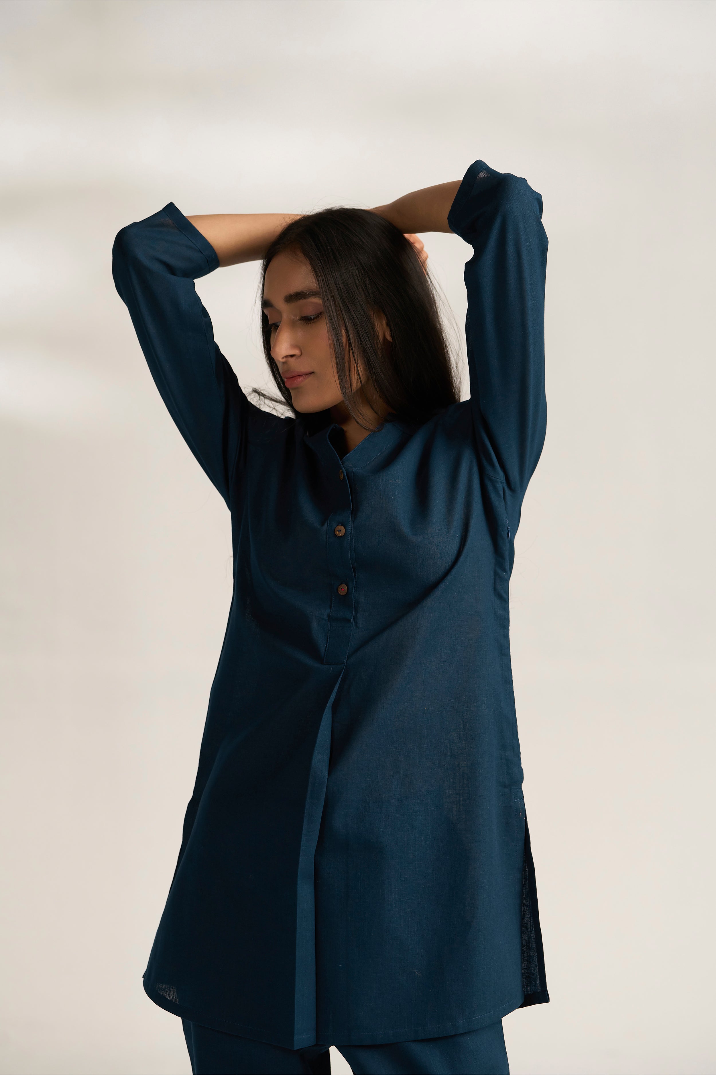 Navy Blue Cotton Linen Plain Co-ord Set with Buttoning Details