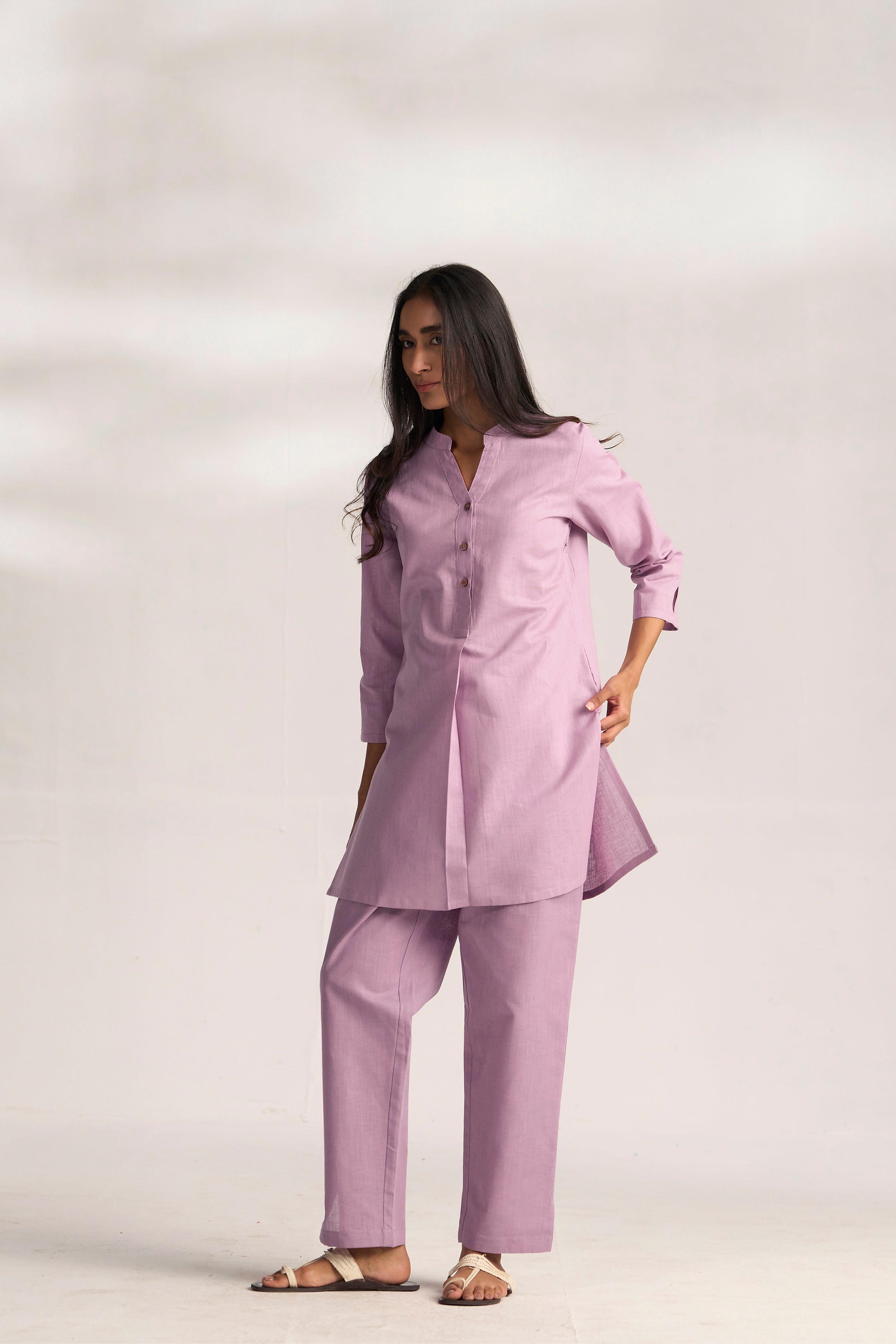 Lavender Cotton Linen Plain Co-ord Set with Buttoning Details