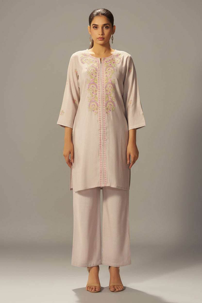 Pale Cream Mul Chanderi Embroidery Co-ord Set