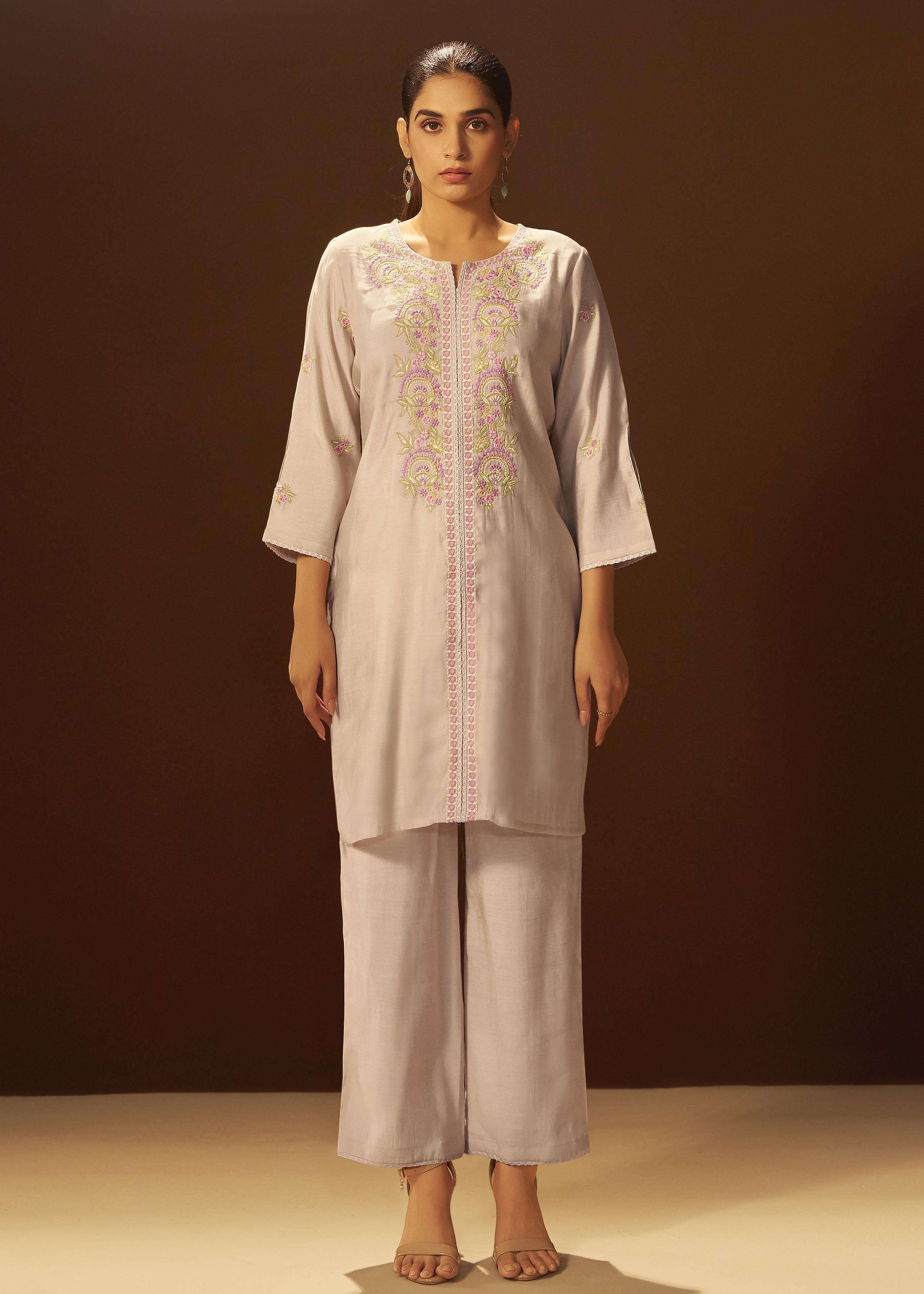 Pale Cream Mul Chanderi Embroidery Co-ord Set