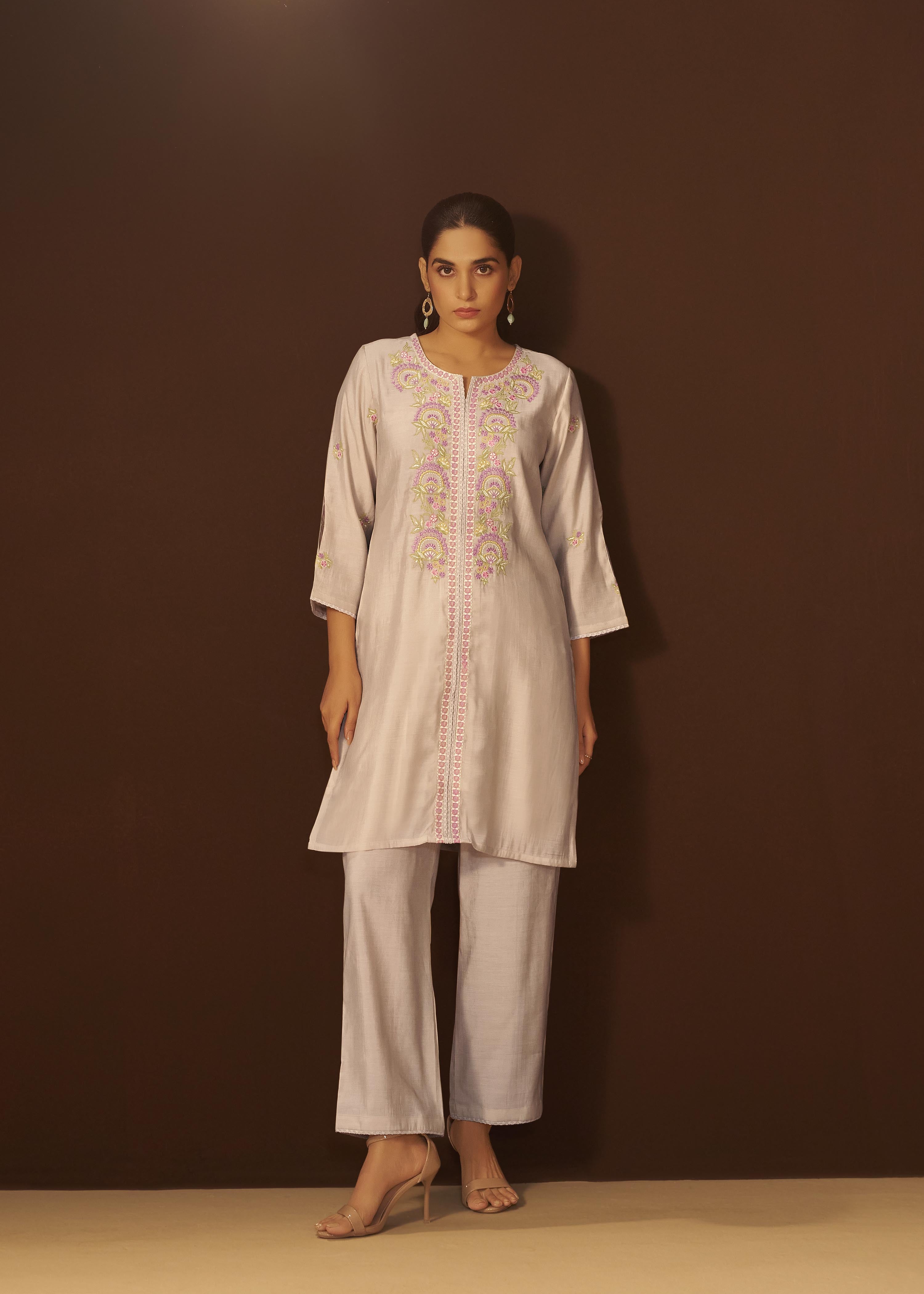 Pale Cream Mul Chanderi Embroidery Co-ord Set