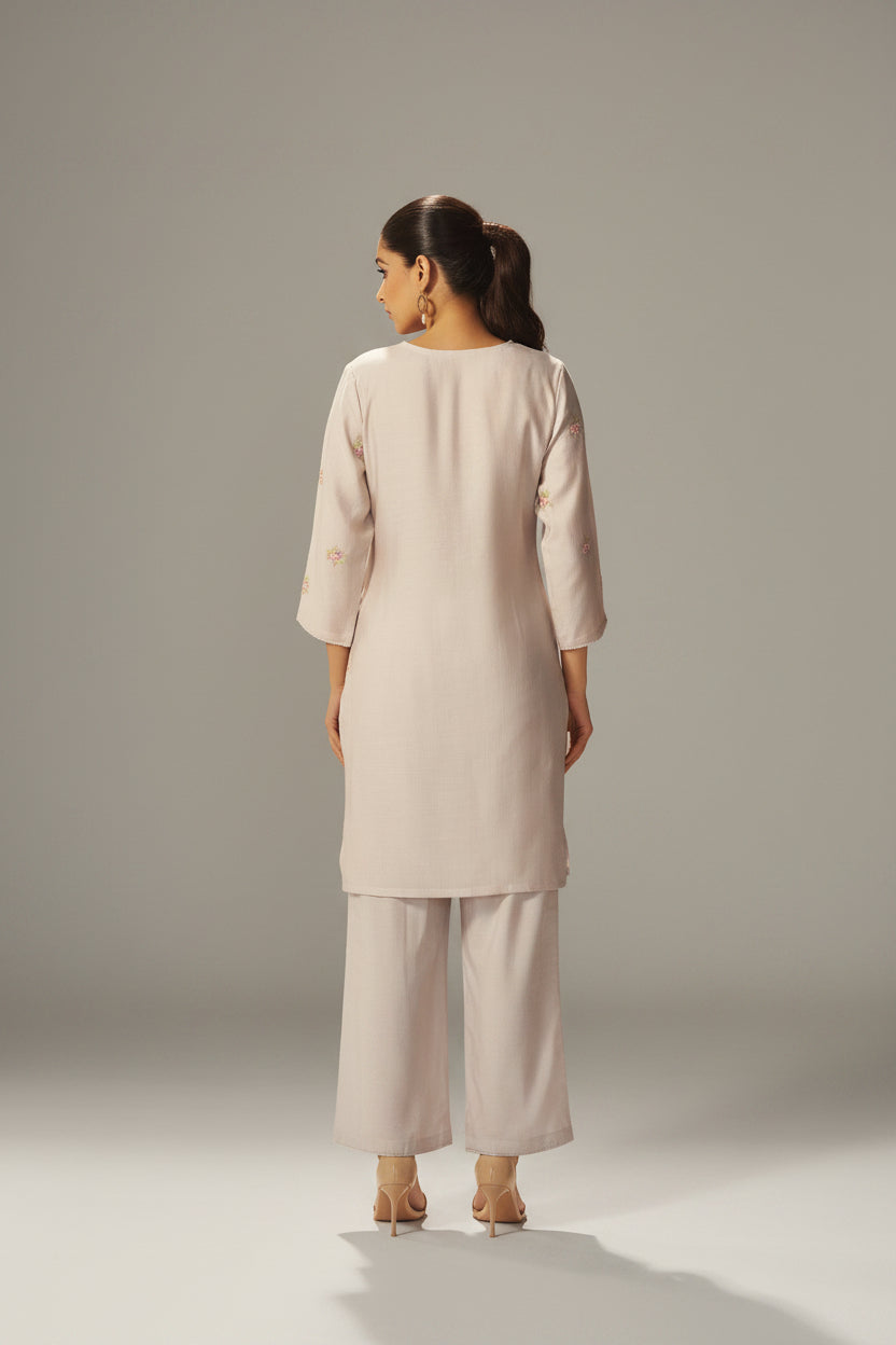 Pale Cream Mul Chanderi Embroidery Co-ord Set